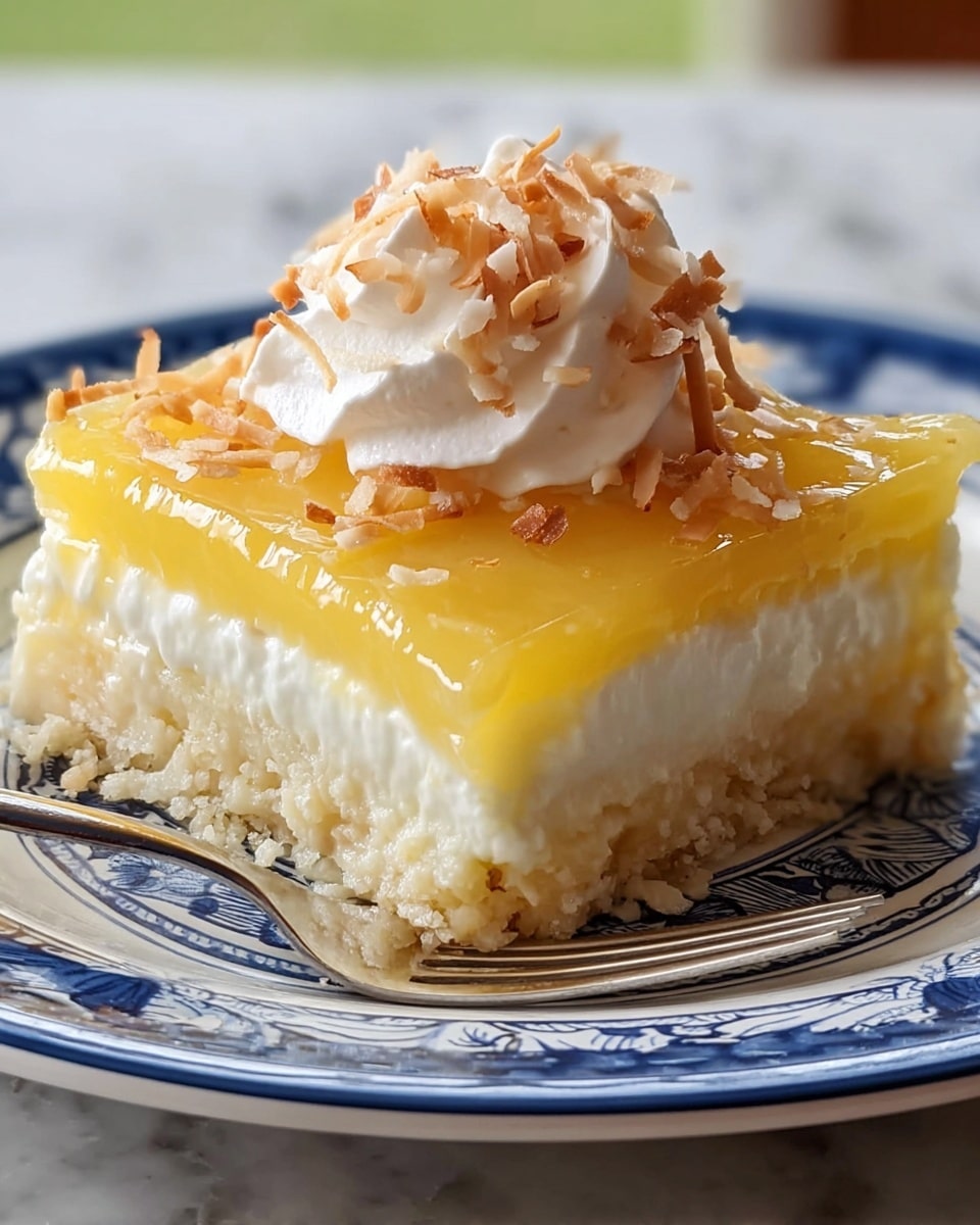 A square piece of dessert sits on a white plate with blue patterns. The dessert has three visible layers: a crumbly white base at the bottom, a thick middle layer of creamy white filling, and a shiny, smooth yellow topping. On top, there is a dollop of white whipped cream crowned with light brown toasted coconut flakes scattered over it. A silver fork rests on the plate next to the dessert, all set on a white marbled surface. Photo taken with an iphone --ar 4:5 --v 7