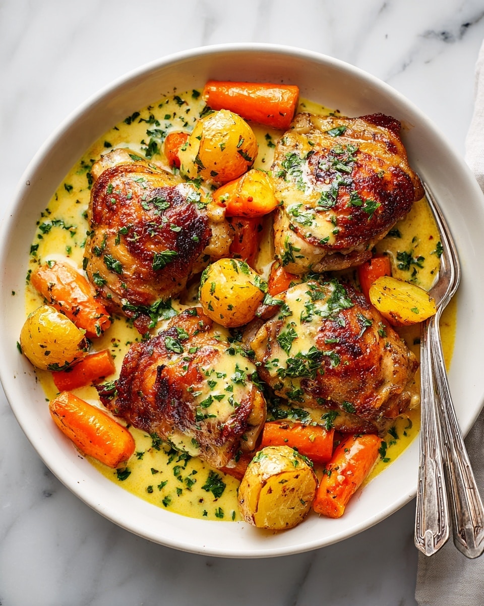 The image shows a white deep plate filled with a hearty meal featuring three golden brown, crispy chicken thighs placed on top, each covered with a light creamy sauce sprinkled with finely chopped parsley. Below and around the chicken, there are chunks of roasted potatoes with lightly browned edges, small whole roasted carrots pointing in different directions, and halved roasted onions that have a slightly caramelized look. The creamy sauce pools at the base, lightly touching all the ingredients, while more fresh parsley is scattered on top for a fresh green touch. The plate is set on a white marbled surface with a silver fork and knife beside it. photo taken with an iphone --ar 4:5 --v 7