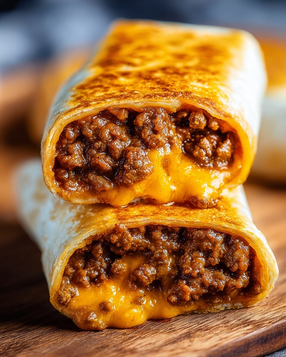 The image shows two burritos cut in half and stacked on a wooden board. Each burrito has two main layers: the outer golden-brown, crispy tortilla with a slightly shiny texture, and the inside filled with juicy, browned ground beef mixed with melted, bright orange cheese that oozes slightly out of the edges. The filling looks moist and rich, packed tightly within the tortilla wrap. The background is softly blurred, focusing fully on the burritos’ texture and color contrast. Photo taken with an iphone --ar 4:5 --v 7