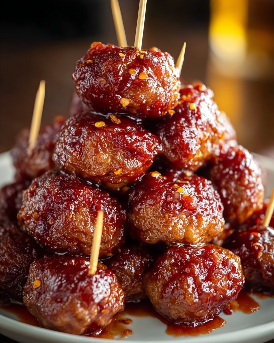 A close-up view of a pile of glazed meatballs stacked on a white plate. There are two main layers: the bottom layer with several round meatballs tightly packed together, covered in a thick, shiny, dark reddish-brown sauce with visible specks of crushed red pepper. The top layer has a few meatballs placed on the bottom ones, each pierced with a small wooden toothpick standing upright. The glaze on the meatballs reflects light, showing a sticky and rich texture against a softly blurred dark background, with a hint of sauce dripping on the white plate. Photo taken with an iphone --ar 4:5 --v 7