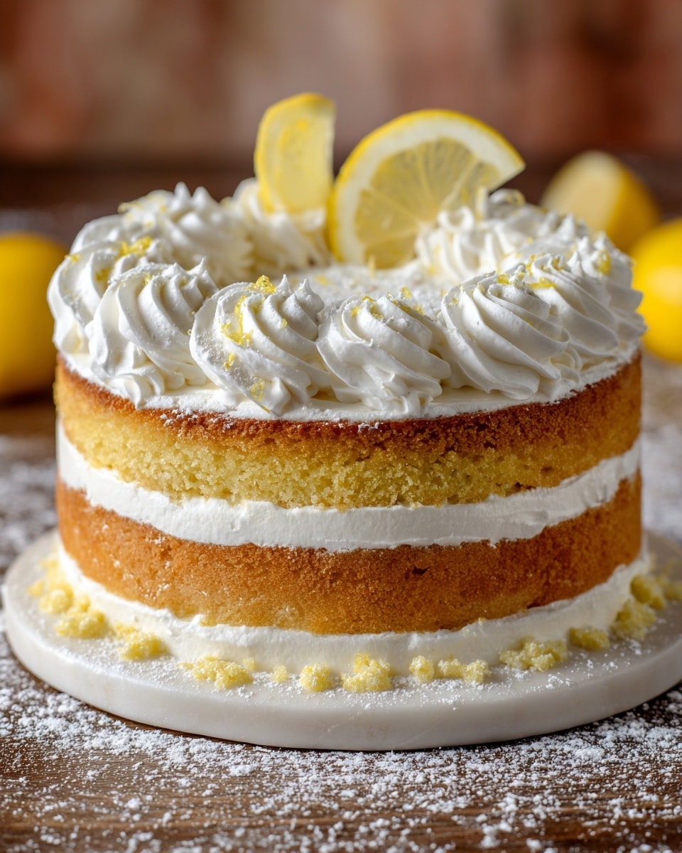 The image shows a two-layer lemon cake with light yellow sponge layers and thick white cream frosting in between and all around. The top is decorated with swirls of white whipped cream and two thin lemon slices placed upright at the center. The cake is sprinkled with white powdered sugar, especially on top and around the base, where there are also small crumbs. The cake sits on a white round board on a wooden surface with some powdered sugar dusted around. The background is blurred with warm tones. photo taken with an iphone --ar 4:5 --v 7
