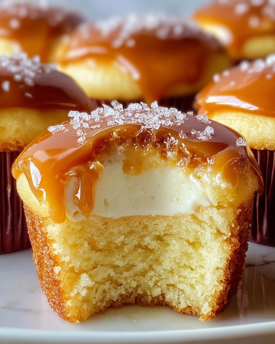 A close-up view of a small cupcake cut in half, showing three layers: the bottom layer is a light, fluffy yellow cake with a soft texture; the middle layer is a thick, creamy white filling; the top layer is a glossy caramel-colored glaze with a slightly darker caramel drip and a sprinkle of coarse sugar crystals on top. The cupcake is placed on a white plate with a white marbled texture background, and other whole cupcakes with the same layers are blurred in the background. photo taken with an iphone --ar 4:5 --v 7