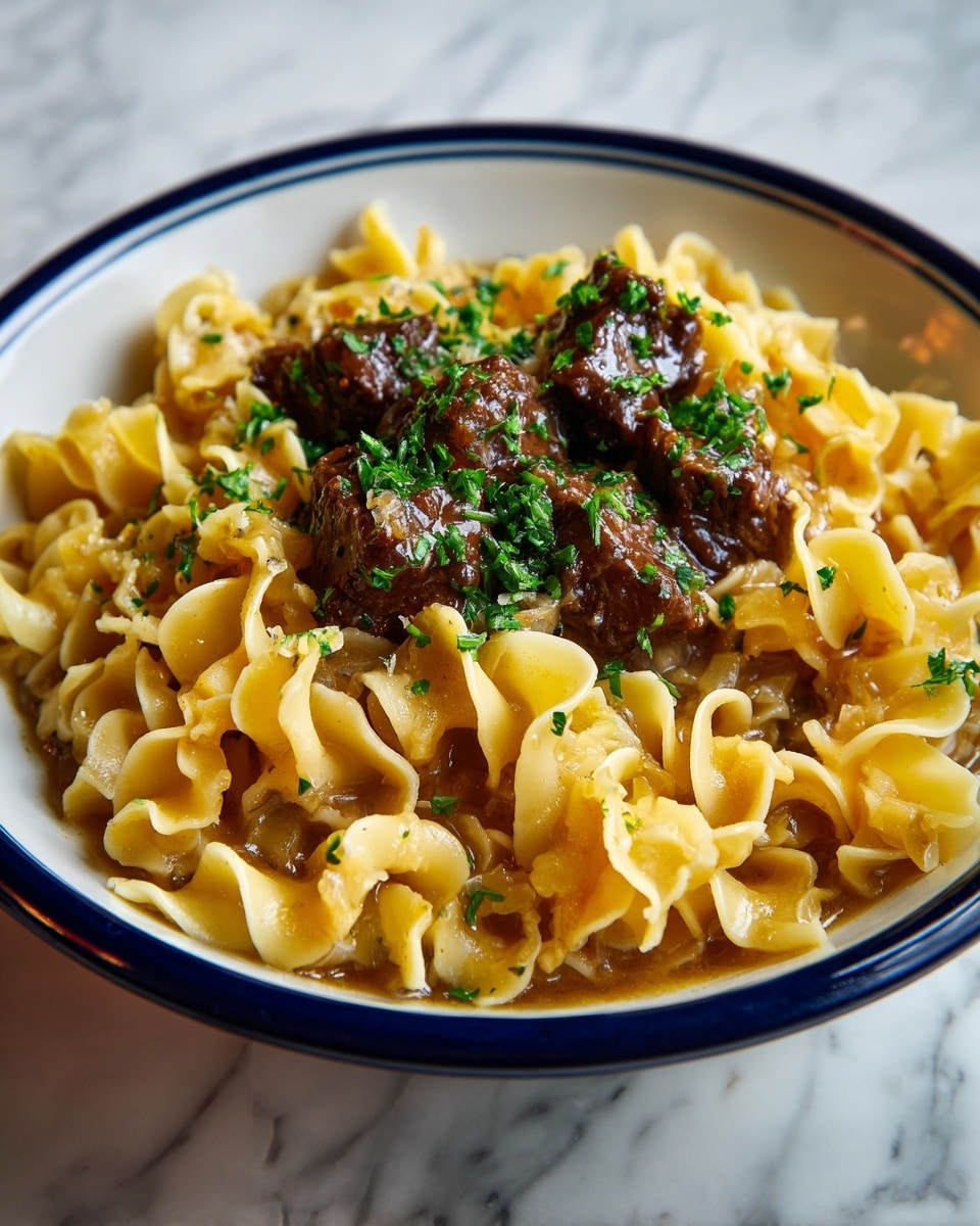 The image shows a bowl filled with thick beef stew containing chunky pieces of tender brown beef and wide egg noodles. The beef and noodles are covered in a rich dark brown gravy with a glossy texture, and the stew is garnished with small pieces of fresh green parsley on top. The bowl is white, and the dish sits on a white marbled surface. photo taken with an iphone --ar 4:5 --v 7