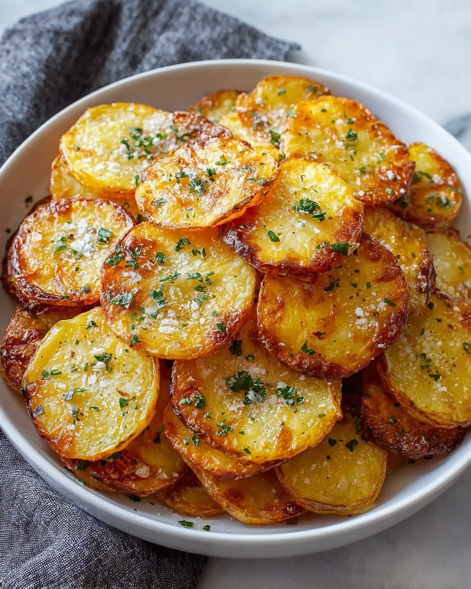 The image shows a bowl full of crispy roasted potato slices. There are about three to four layers of round potato pieces, each slice golden yellow with browned, crunchy edges. The top layer is sprinkled with green chopped herbs and coarse white salt, creating a fresh texture contrast. The bowl is white, and it sits on a white marbled surface with a soft cloth nearby, creating a cozy feel. photo taken with an iphone --ar 4:5 --v 7