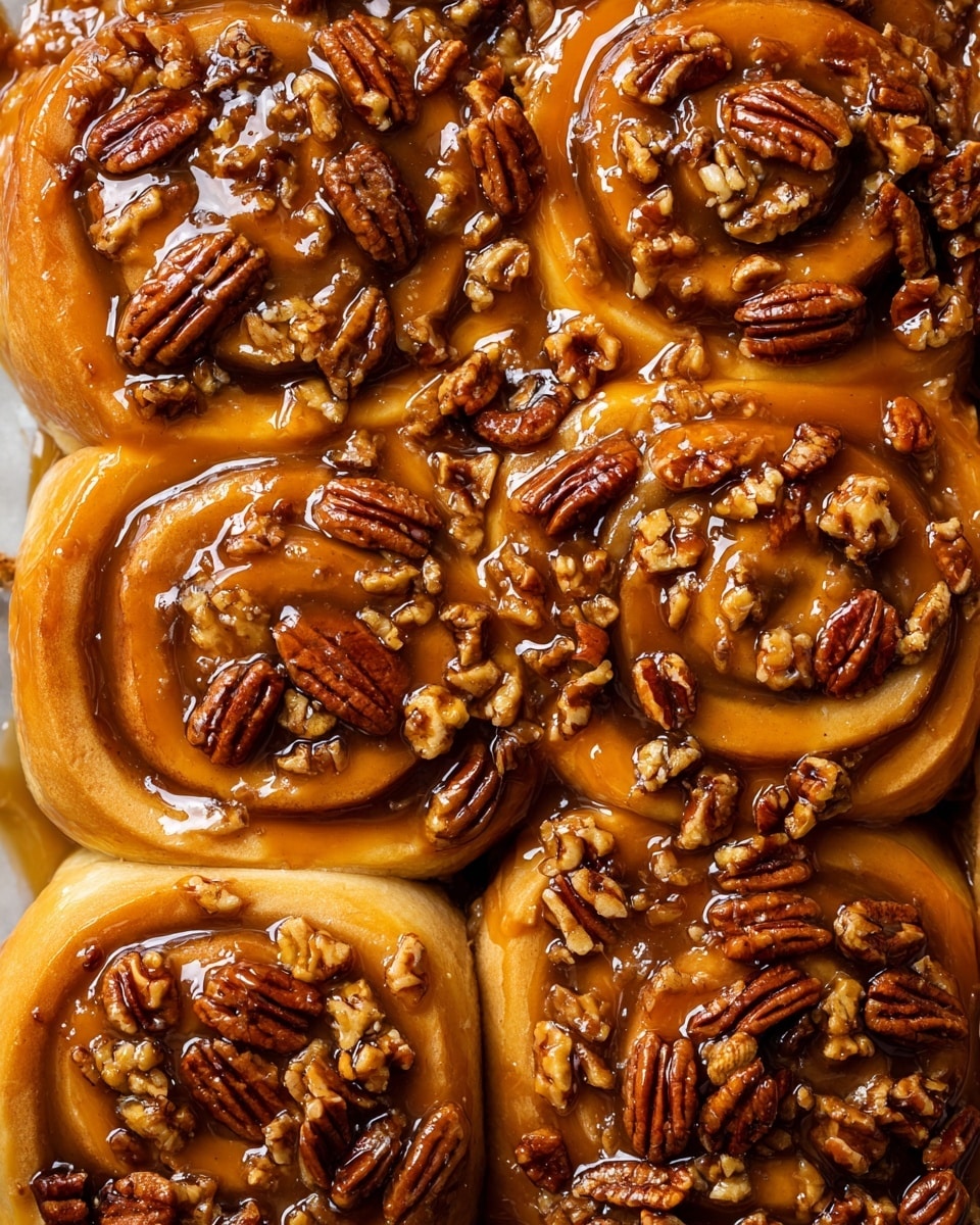 The image shows a close-up top view of a tray full of golden brown cinnamon rolls covered with a shiny, thick caramel glaze. Each cinnamon roll has visible swirls showing soft dough layers with a cinnamon filling inside. The tops of the rolls are heavily sprinkled with whole and halved pecan nuts that add a rich, crunchy texture. The caramel glaze catches the light, making the rolls look glossy and very sticky, pooling slightly between the rolls. The background beneath the tray is a white marbled texture. photo taken with an iphone --ar 4:5 --v 7
