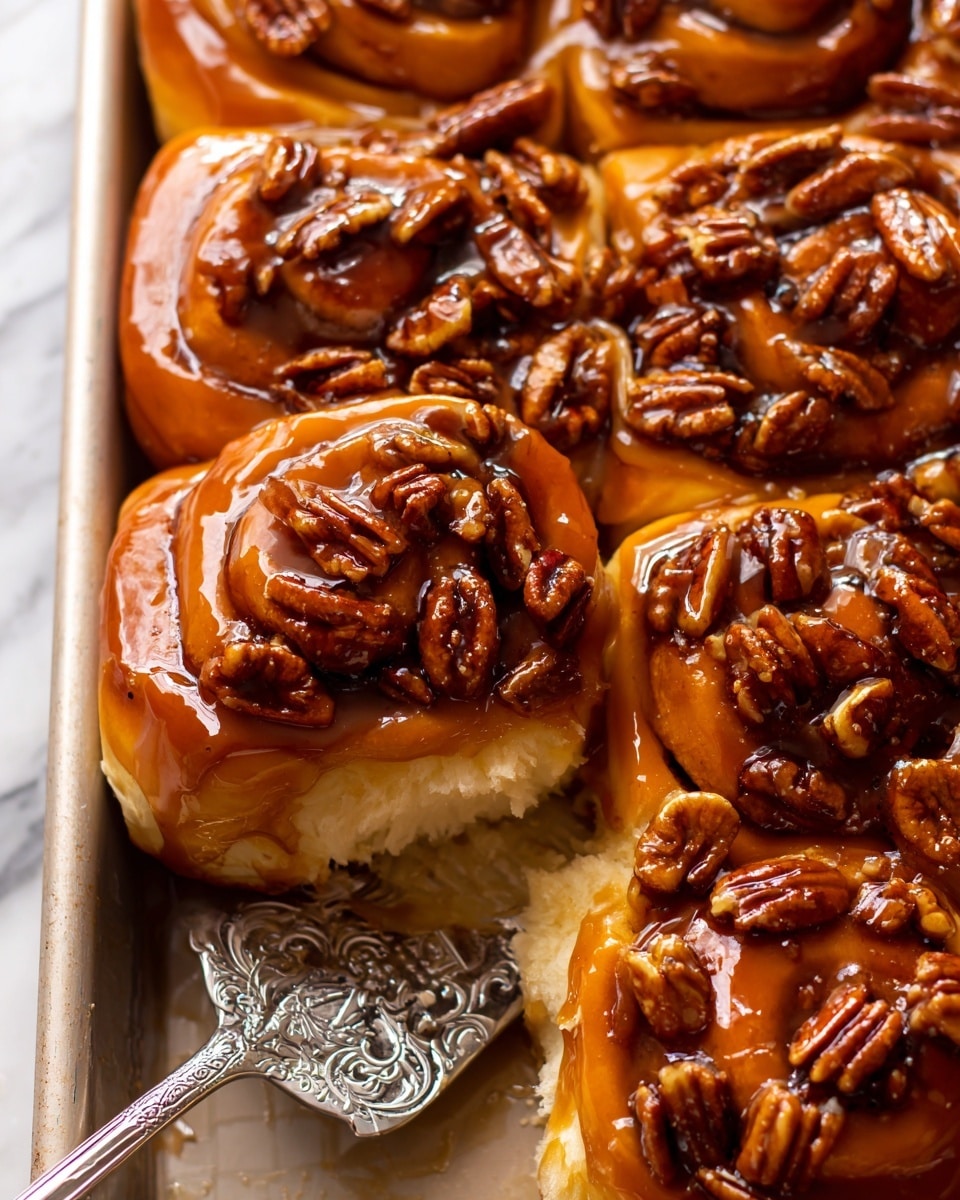 A close-up of a tray of sticky pecan rolls, each roll having several visible layers of soft golden brown dough spiraled tightly, topped with a thick, shiny caramel glaze that coats the surface and pools slightly underneath; the top layer is covered with whole glossy pecans in rich, deep brown tones, creating a textured contrast. One roll on the edge is slightly pulled out, showing the fluffy inside and sticky filling. The tray is on a white marbled surface, and a decorative silver spatula is under the pulled-out roll. photo taken with an iphone --ar 4:5 --v 7