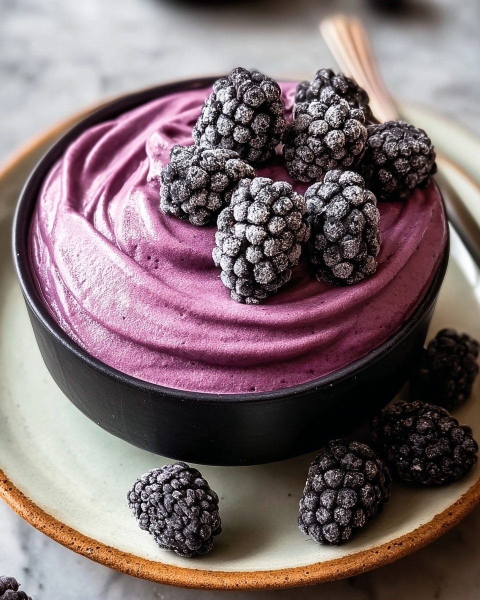 A black bowl filled with a thick, creamy layer of bright purple blackberry mousse that has a smooth, swirled texture. On top of the mousse, there are several glossy whole blackberries with visible small drupelets, some of them have a slight frost effect. The bowl sits on a white plate with a rustic brown edge. A few blackberries are arranged around the base of the bowl on the plate. The setup is placed on a white marbled surface with a warm light that highlights the details. Photo taken with an iphone --ar 4:5 --v 7
