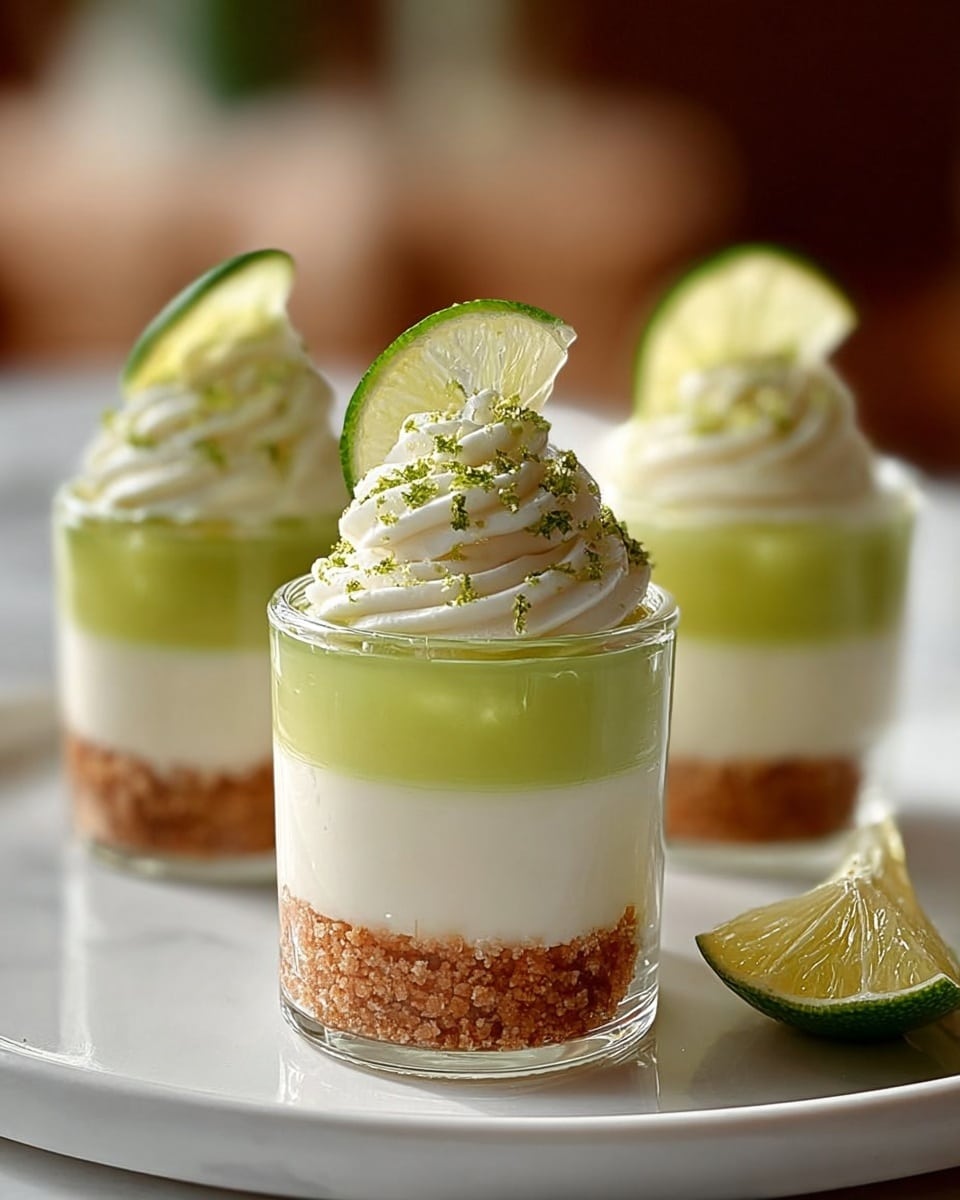 The image shows three small layered desserts in clear glass cups placed on a white plate with a slice of lime on the side. Each dessert has three layers: the bottom layer is a crumbly light brown crust, the middle layer is smooth and white, and the top layer is a glossy light green gel. On top of the green layer is a swirl of white whipped cream sprinkled with green lime zest, with a thin slice of lime standing upright in the cream. The background is softly blurred with a warm tone, and the scene sits on a white marbled surface. photo taken with an iphone --ar 4:5 --v 7