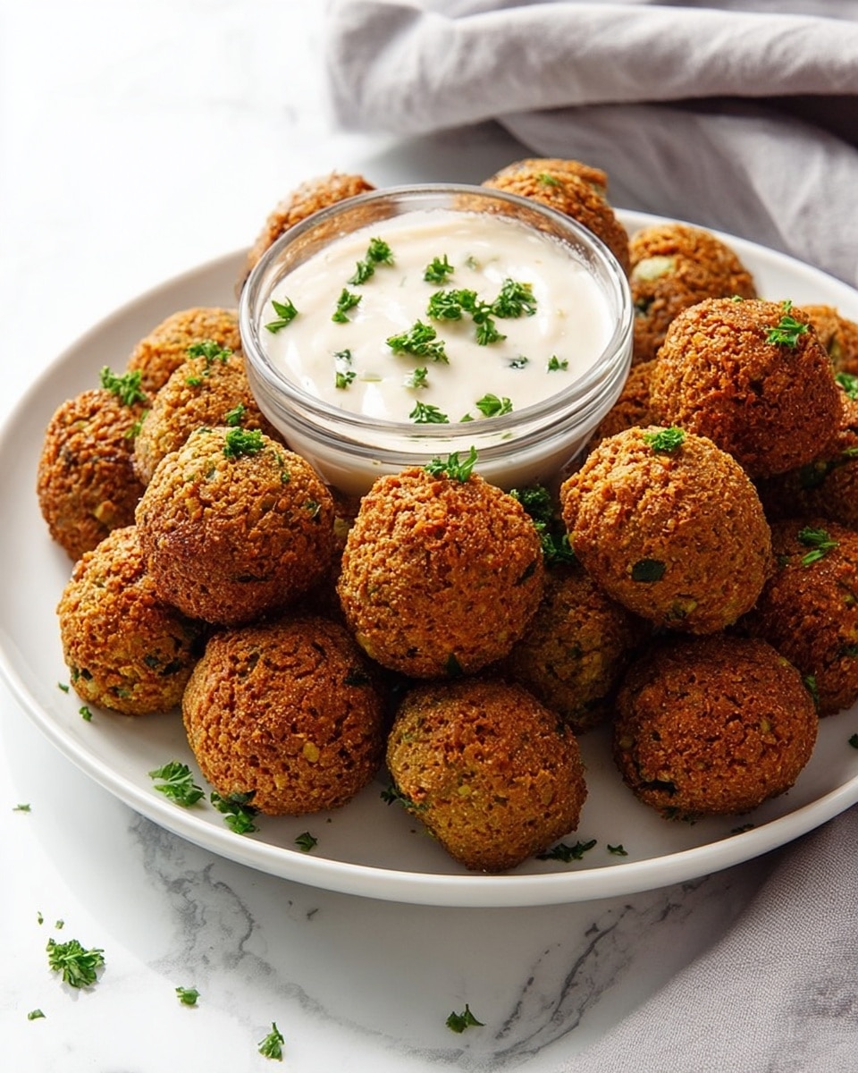 A white plate filled with a pile of golden-brown falafel balls, each one textured and crispy on the outside with small bits of green herbs visible. The falafels are sprinkled lightly with chopped fresh parsley. In the center of the plate, there is a small clear glass bowl filled with creamy white sauce, also topped with small green herb pieces. The plate sits on a surface with a white marbled texture, and a soft gray cloth can be seen draped in the background. photo taken with an iphone --ar 4:5 --v 7