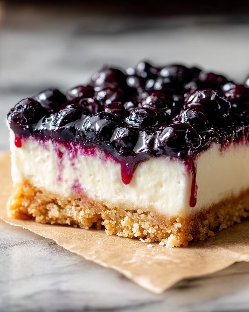 A close-up view of a square, three-layer dessert bar sitting on a piece of parchment paper on a white marbled surface. The bottom layer is a crumbly, light golden-brown crust that looks crunchy. The middle layer is thick, creamy, and white, appearing smooth and soft. The top layer is a shiny, glossy blueberry topping with whole blueberries that are a deep dark purple, almost black, with some juice slightly dripping down into the creamy layer. The edges are sharp, showing clear separation between the layers. photo taken with an iphone --ar 4:5 --v 7