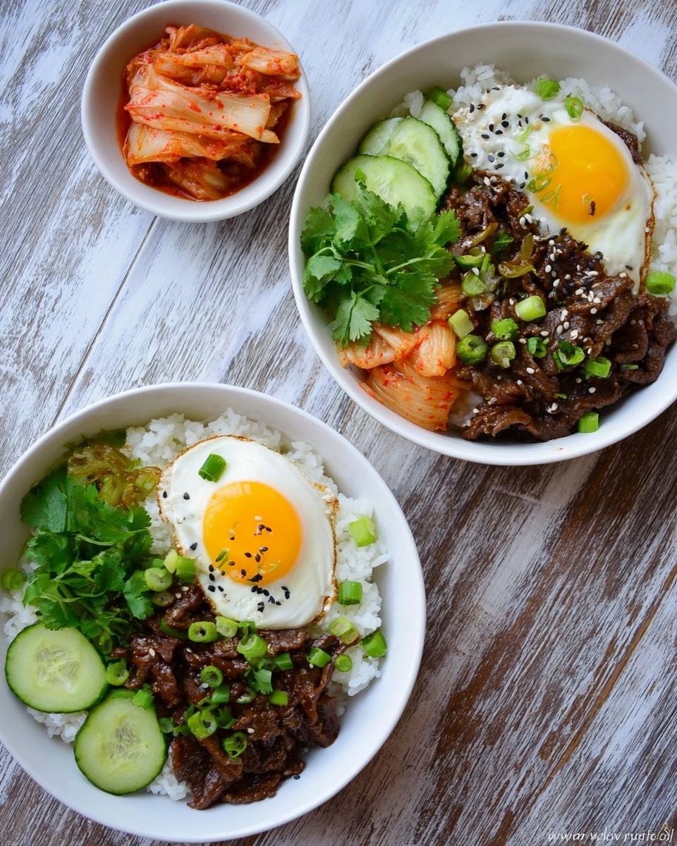Two white bowls are placed on a wooden surface with a white marbled texture. Each bowl contains a bed of white rice as the base layer. On top of the rice in both bowls, there is a layer of cooked, dark brown beef mixed with chopped green onions. One bowl has a sunny-side-up egg with a bright yellow yolk resting on the rice, near some fresh green cilantro, thinly sliced cucumber ribbons sprinkled with black sesame seeds, and a small portion of light pink kimchi. The other bowl shows a similar arrangement with a sunny-side-up egg, cilantro, cucumber ribbons, and kimchi, but the kimchi is placed near the egg. There is also a small white bowl on the side filled with kimchi. The photo was taken with an iphone --ar 4:5 --v 7