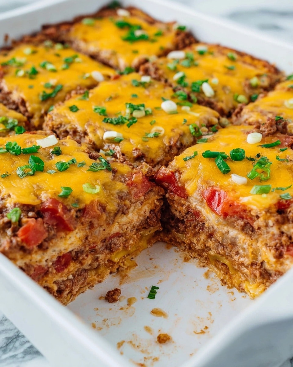 The dish is a multi-layered casserole in a white rectangular baking dish, showing six square pieces with one piece removed. The top layer is melted yellow cheese sprinkled with chopped green onions and small green herbs. Below the cheese is a thick layer of ground meat mixed with chunky red tomato pieces. Underneath the meat layer is a white or light creamy layer, followed by another thin layer of cheese, then a soft meat-tomato mix layer near the bottom. The layers are rich and moist, with a golden-brown crust around the edges. The dish rests on a white marbled surface. photo taken with an iphone --ar 4:5 --v 7