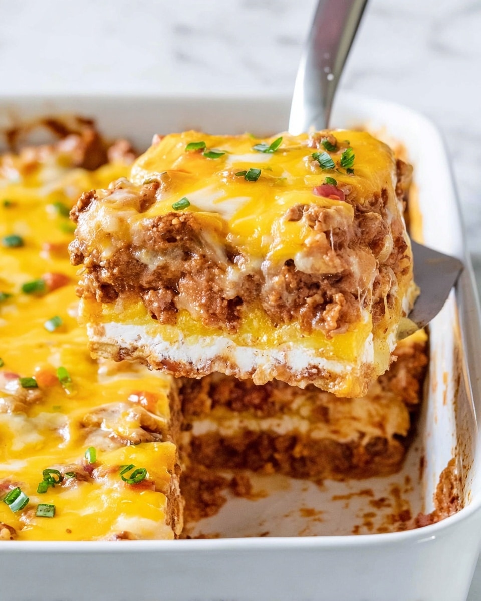 A close-up view of a cheese-covered baked casserole piece being lifted from a white baking dish with a metal spatula. The dish has multiple layers starting from the bottom with a creamy white layer, followed by thin yellow layers, and topped with a thick, chunky brownish layer mixed with melted golden yellow cheese and small bits of green garnish. The texture looks rich and gooey with the cheese melted evenly on top, making the dish look warm and hearty. The background is a white marbled surface. Photo taken with an iphone --ar 4:5 --v 7