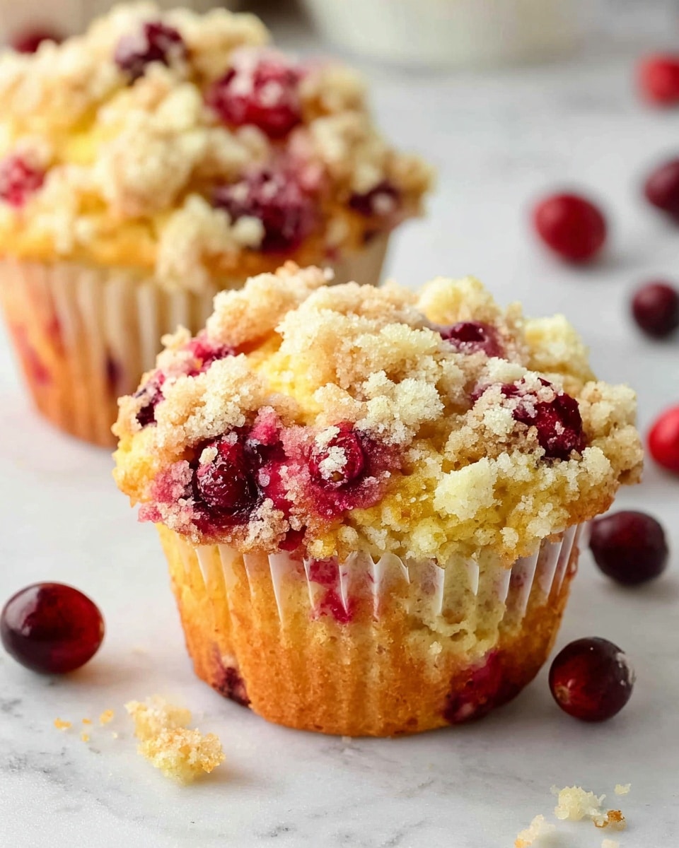 A clear glass bowl filled with crumbly, pale yellow dough sits on a white marbled surface, with a metal fork resting inside. A second image shows several small clear glass bowls and white measuring cups arranged on the same surface, holding ingredients including a whole egg, fresh red cranberries, granulated white sugar, flour mixed with baking powder, orange zest, lemon juice, and melted butter, all captured from above. In the next shot, a transparent bowl contains smooth yellow cake batter with several cranberries dusted in white flour on top, alongside a blue silicone spatula with a wooden handle partly submerged. The next photo presents a dark gray muffin tin lined with white paper cups, each filled with pale yellow batter mixed with cranberries. In the final image, the muffin tin holds muffins topped with crumbly yellow streusel and whole cranberries scattered on top. All photos are set on a white marbled surface. photo taken with an iphone --ar 4:5 --v 7