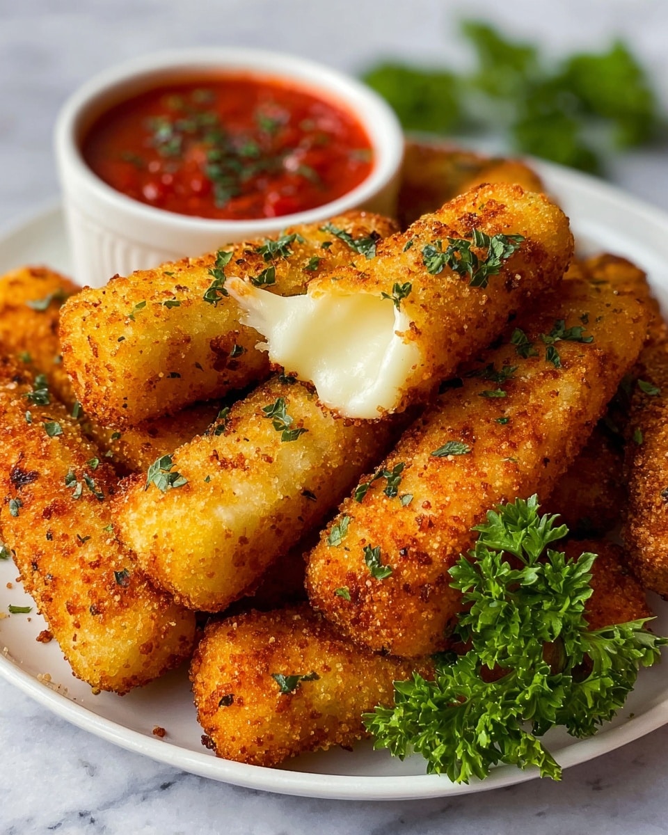 The image shows a white plate filled with several golden brown, crispy mozzarella sticks arranged in a pile; one stick is broken open on top, revealing the soft, melted white cheese inside. The mozzarella sticks have a textured breadcrumb coating with small green herb pieces sprinkled over them. On the side of the plate, there is a small white bowl filled with bright red marinara sauce, also garnished with fine green herbs. A small bunch of fresh green parsley rests on the plate near the sticks, and all the food is set on a white marbled surface. photo taken with an iphone --ar 4:5 --v 7