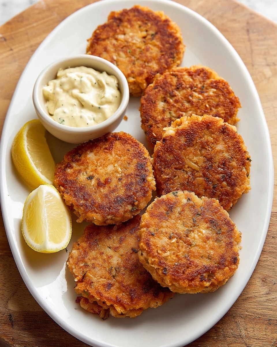 A white oval plate holds six round, golden-brown patties with a crispy texture and visible small chunks of onion inside. The patties are arranged in two overlapping rows, filling the plate. To the back left of the plate, there is a small bowl filled with pale yellow tartar sauce, creamy with small bits of pickle visible. A wedge of lemon sits on the front left edge of the plate. The entire scene is set on a wooden surface changed to a white marbled texture. photo taken with an iphone --ar 4:5 --v 7