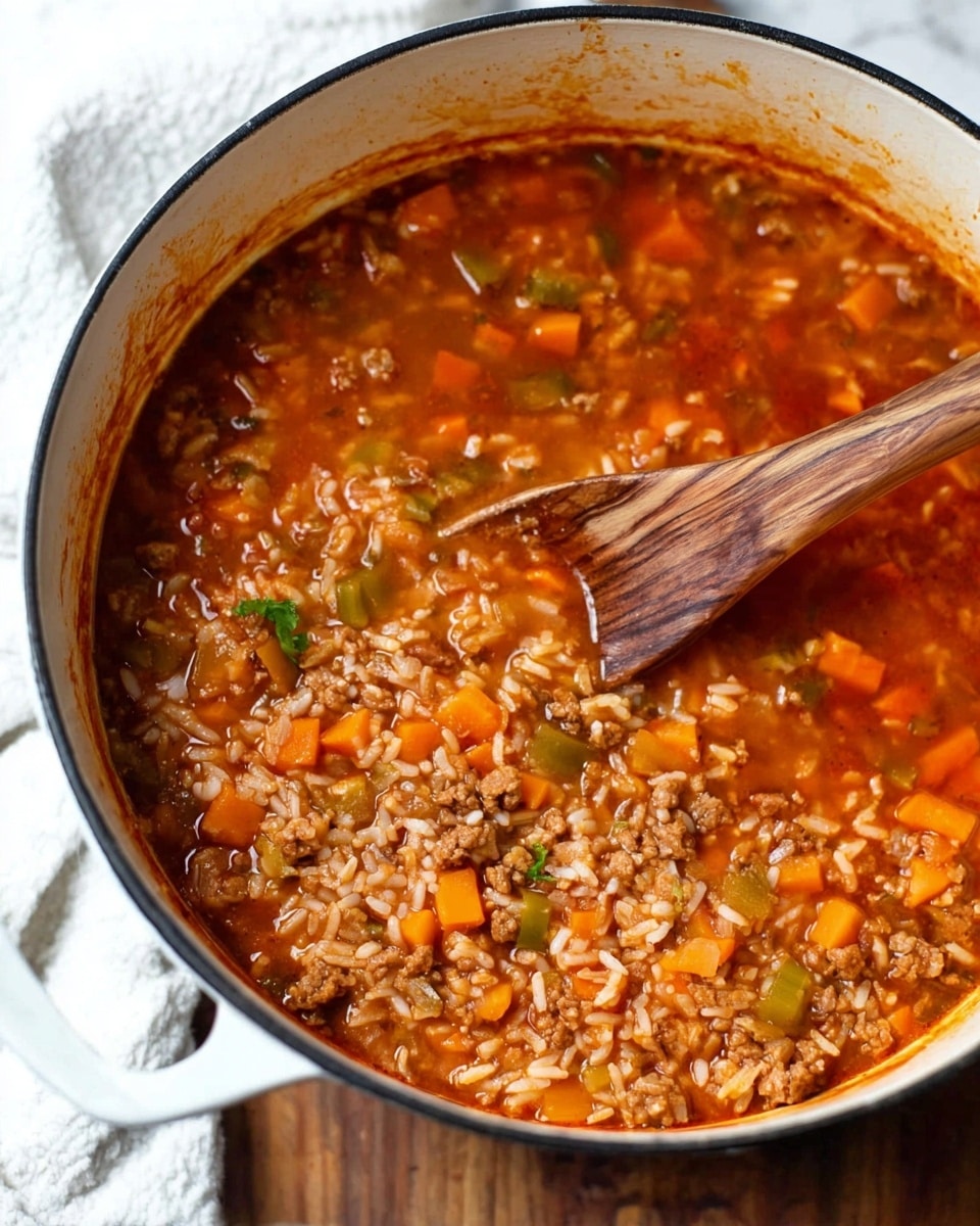 The image shows a close-up of a white bowl filled with a thick, hearty soup made of ground meat, rice, small pieces of red and green bell peppers, and a rich red-brown broth. The soup has a chunky texture with visible grains of white rice and bits of cooked vegetables scattered evenly throughout. A spoon filled with the soup is held above the bowl, showing a mix of the colorful ingredients clinging together in a slightly glossy, thick stew-like consistency. The bowl is placed on a wicker mat over a white marbled surface, and a large white pot is partially visible in the background. Photo taken with an iphone --ar 4:5 --v 7