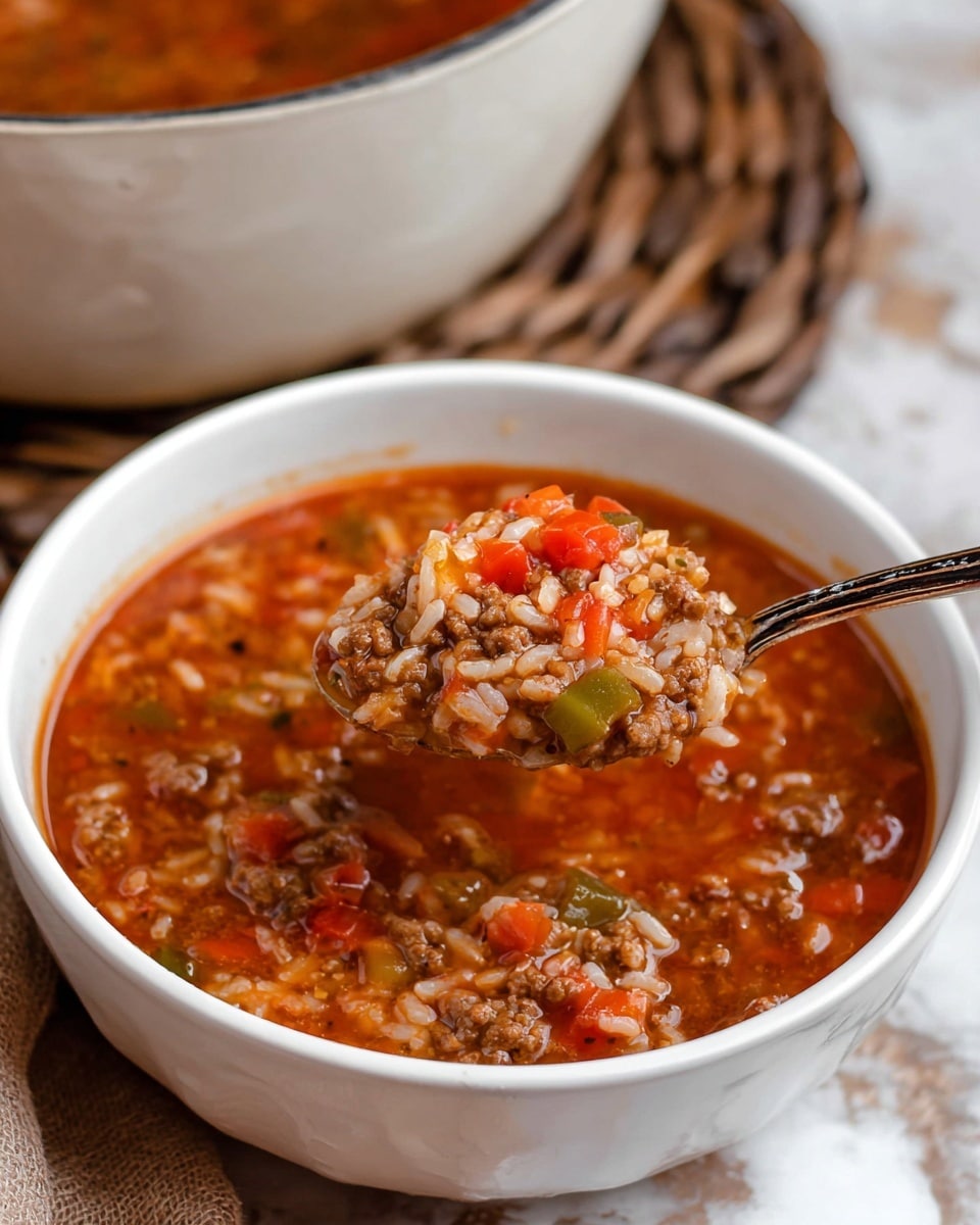 A round white pot filled with a stew-like dish showing a rich mix of cooked white rice, small browned ground meat pieces, diced orange and green vegetables, all in a thick reddish-orange broth. A wooden spoon with visible grain dips into the stew at the right side of the pot. The inside of the pot shows some orange splashes from the sauce along the upper edge. The pot is set on a wooden surface, and the background has a soft white marbled texture with a light cloth partially visible in the top left corner. photo taken with an iphone --ar 4:5 --v 7