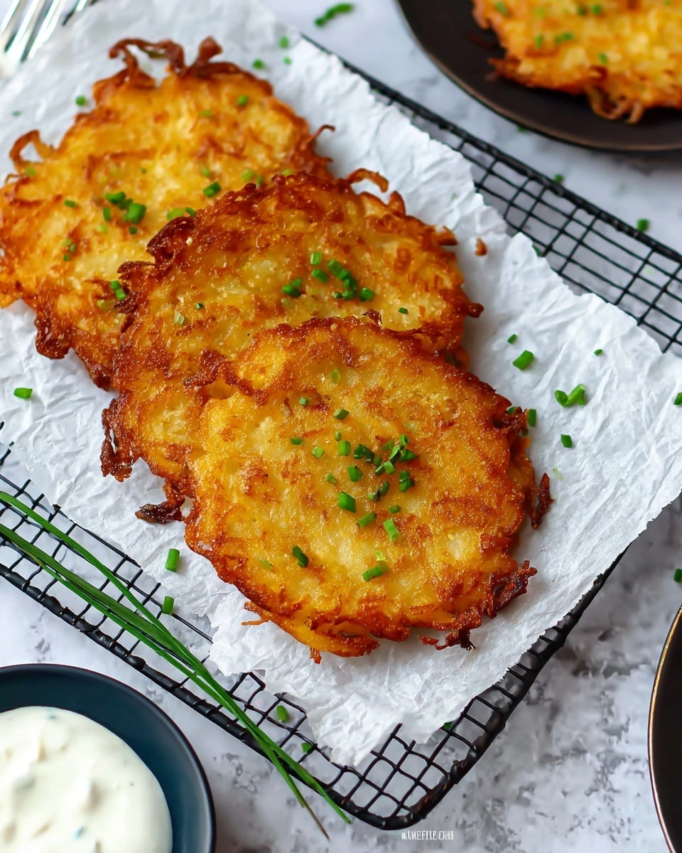 The image shows three golden-brown potato pancakes with a crispy texture and slightly uneven edges, placed on white parchment paper over a black cooling rack. The pancakes are sprinkled with small pieces of fresh green chives. In the bottom right corner, there is a small bowl filled with a white creamy dip. The scene is set on a white marbled surface with a dark plate and fork partially visible in the lower left corner. photo taken with an iphone --ar 4:5 --v 7