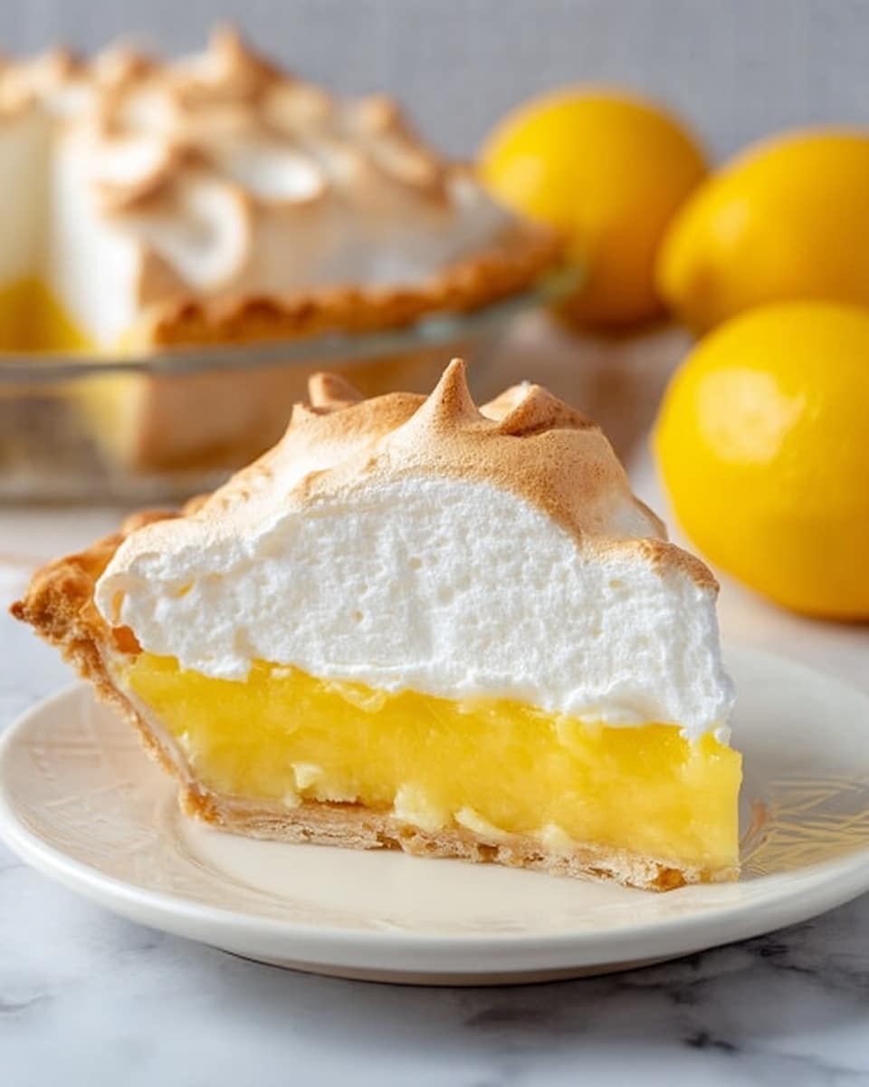 A slice of lemon meringue pie sits on a white plate on a white marbled surface, showing three layers: a golden brown crust on the bottom with a flaky texture, a bright yellow smooth lemon filling in the middle that looks creamy, and a thick white meringue topping with peaks that have a light brown toasted color. In the background sit whole lemons and the rest of the pie in a clear glass pie dish. photo taken with an iphone --ar 4:5 --v 7