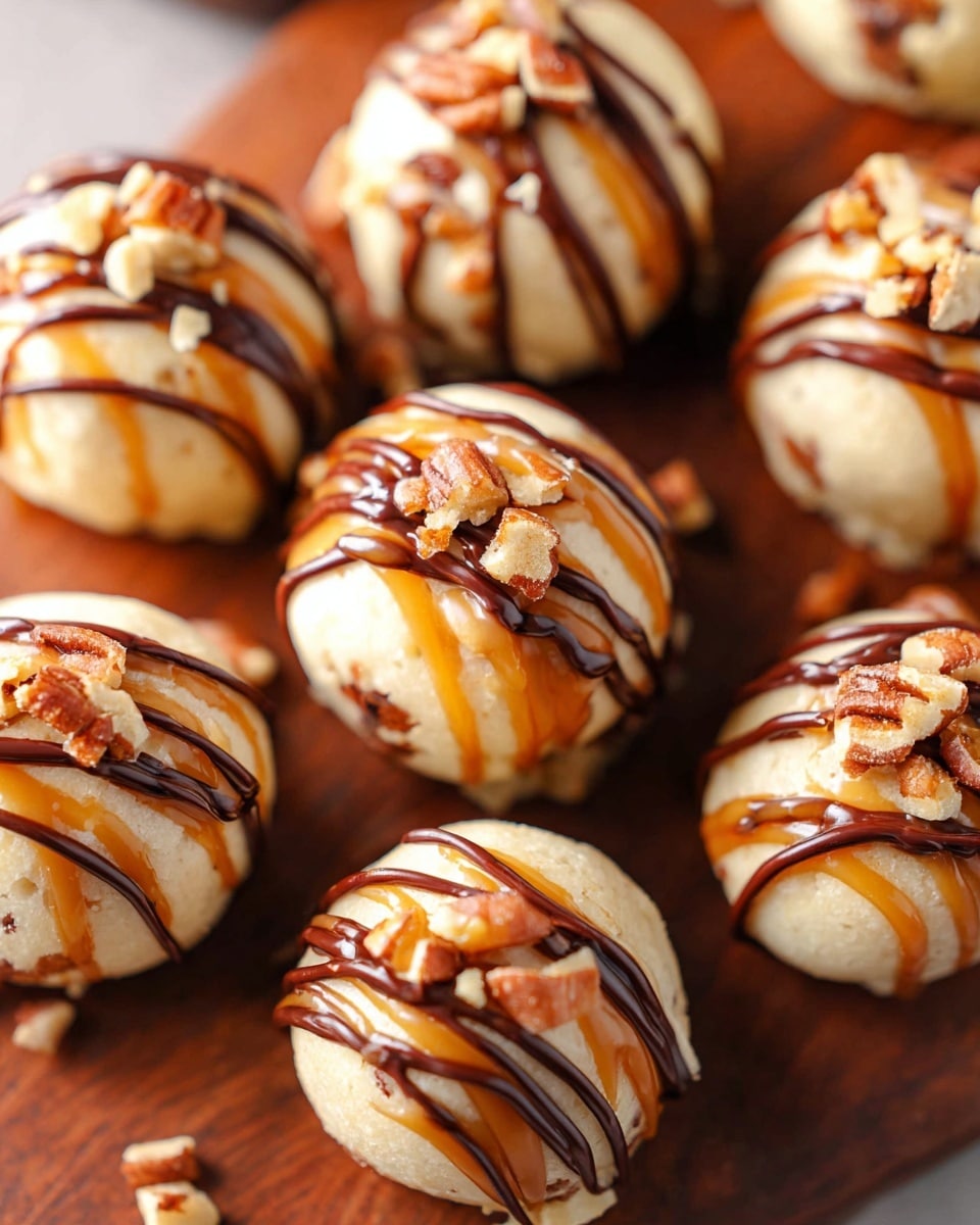 The image shows round cookie balls with a light beige base layer, topped with two layers of drizzle: a smooth dark brown chocolate layer and a golden caramel layer in stripes across the top. Small pieces of chopped pecans are scattered on each cookie ball, adding texture and color contrast with their light brown and cream tones. These cookie balls are placed closely together on a wooden board with a rich brown color, creating a warm and inviting setting. photo taken with an iphone --ar 4:5 --v 7