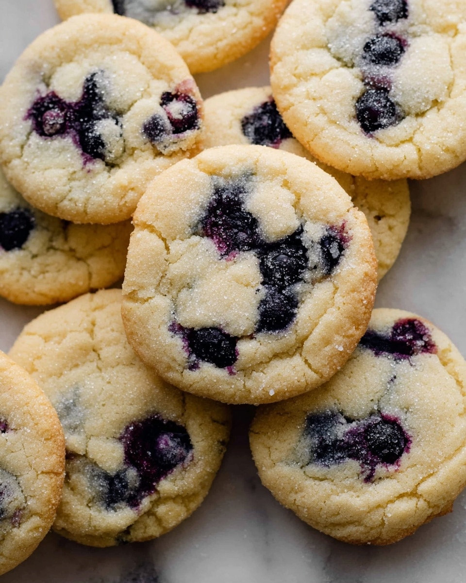 A close-up view of several round blueberry cookies arranged in a casual pile on a white marbled surface. Each cookie is light golden brown around the edges and softer yellow in the middle, with cracks showing a soft texture. Dark purple blueberries are scattered unevenly through the dough, some slightly bursting, giving patches of deep violet and black spots. The tops of the cookies show a slight shine and sugar crystal texture, adding a crumbly look. Photo taken with an iphone --ar 4:5 --v 7
