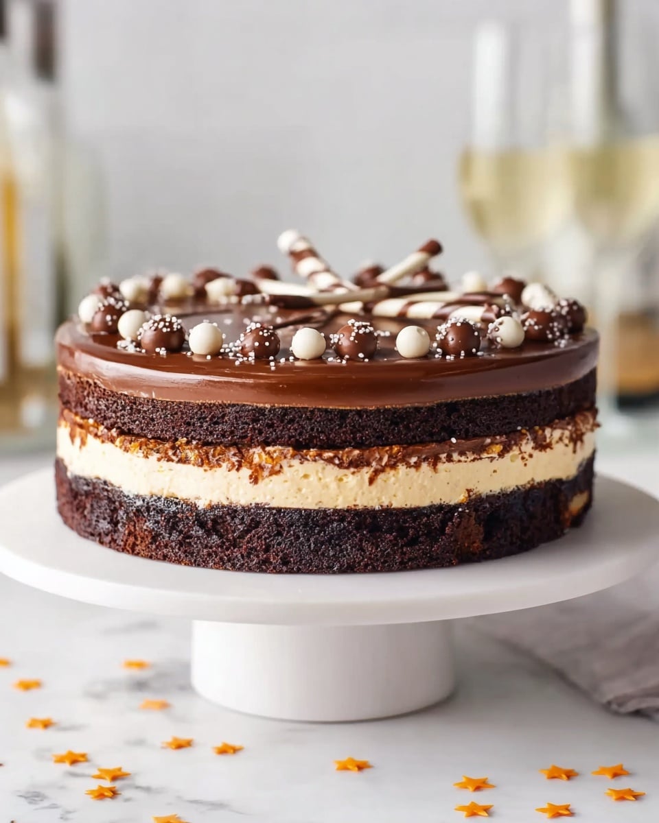 A two-layer chocolate cake sits on a white cake stand with a smooth white marbled surface underneath, scattered with small orange star-shaped sprinkles. The cake has a bottom layer of dark, moist chocolate sponge, topped with a thick, rich chocolate frosting layer, followed by a thick cream-colored layer, and finished with another dark chocolate sponge layer on top. The top is covered in shiny chocolate glaze, decorated with small round chocolate and white candy balls and thin chocolate sprinkles, with a white chocolate curly stick in the center. The background is blurred with soft white tones and some bottles. Photo taken with an iphone --ar 4:5 --v 7