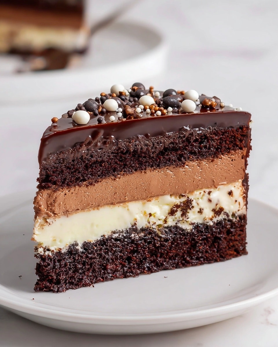 A slice of rich layered chocolate cake sits on a white plate, placed on a white marbled surface. The bottom layer is dark and moist chocolate cake, topped by a smooth layer of light brown chocolate mousse. Above that is a thicker layer of creamy white filling, followed by another thick layer of dark chocolate cake. The cake is covered with a shiny smooth layer of chocolate ganache, sprinkled on top with small round chocolate balls in white, dark brown, and black, along with some chocolate sprinkles. The edges of the cake are clean and the texture of each layer is visible. Photo taken with an iphone --ar 4:5 --v 7