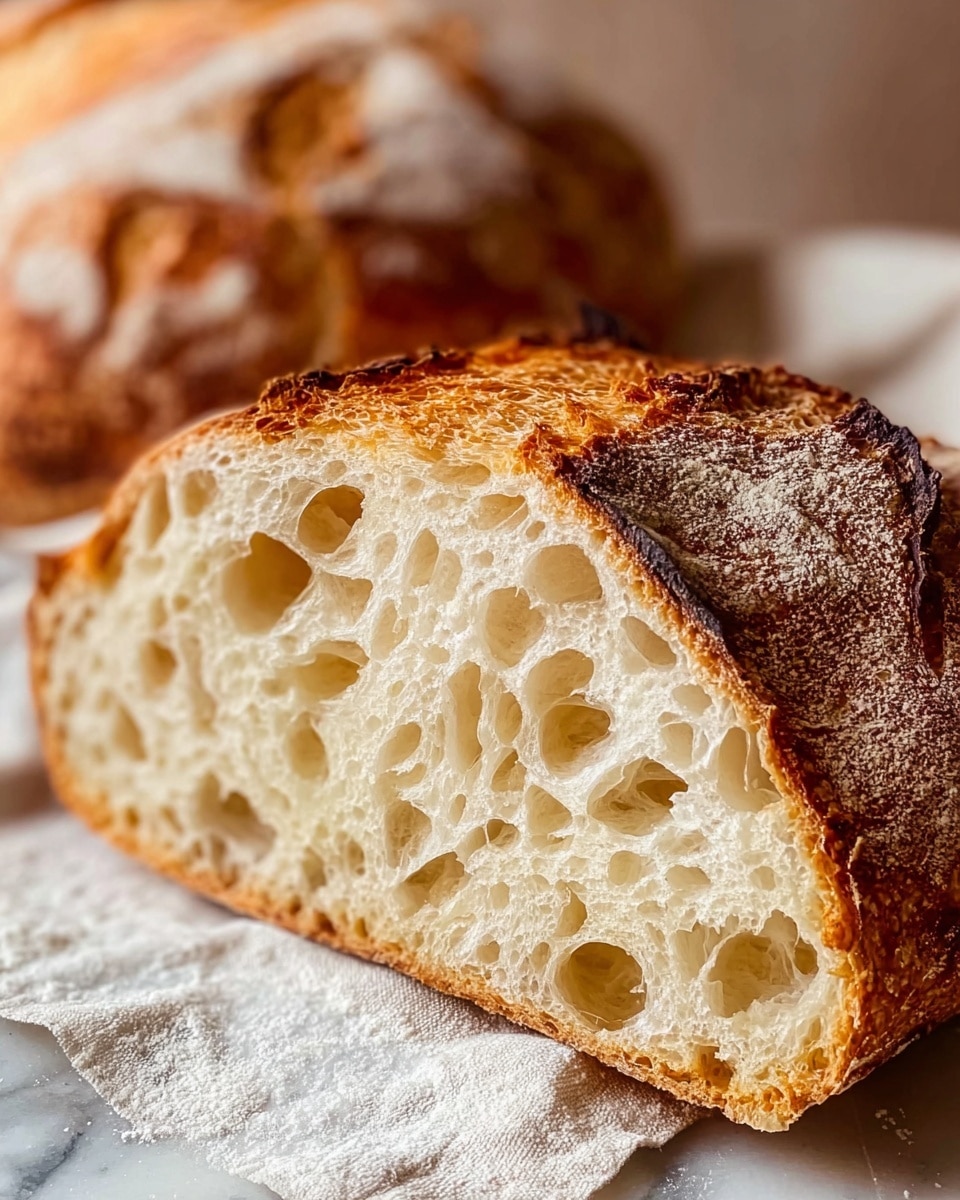 A close-up image shows a single slice of crusty bread with a golden brown, slightly charred crust on the top edge. The inside of the bread is airy and light, filled with many irregular holes of different sizes, showing a soft, fluffy texture. The bread slice rests on a white cloth with light flour dust on a white marbled surface, next to a whole loaf of bread with a thick crust seen in the background. Photo taken with an iphone --ar 4:5 --v 7