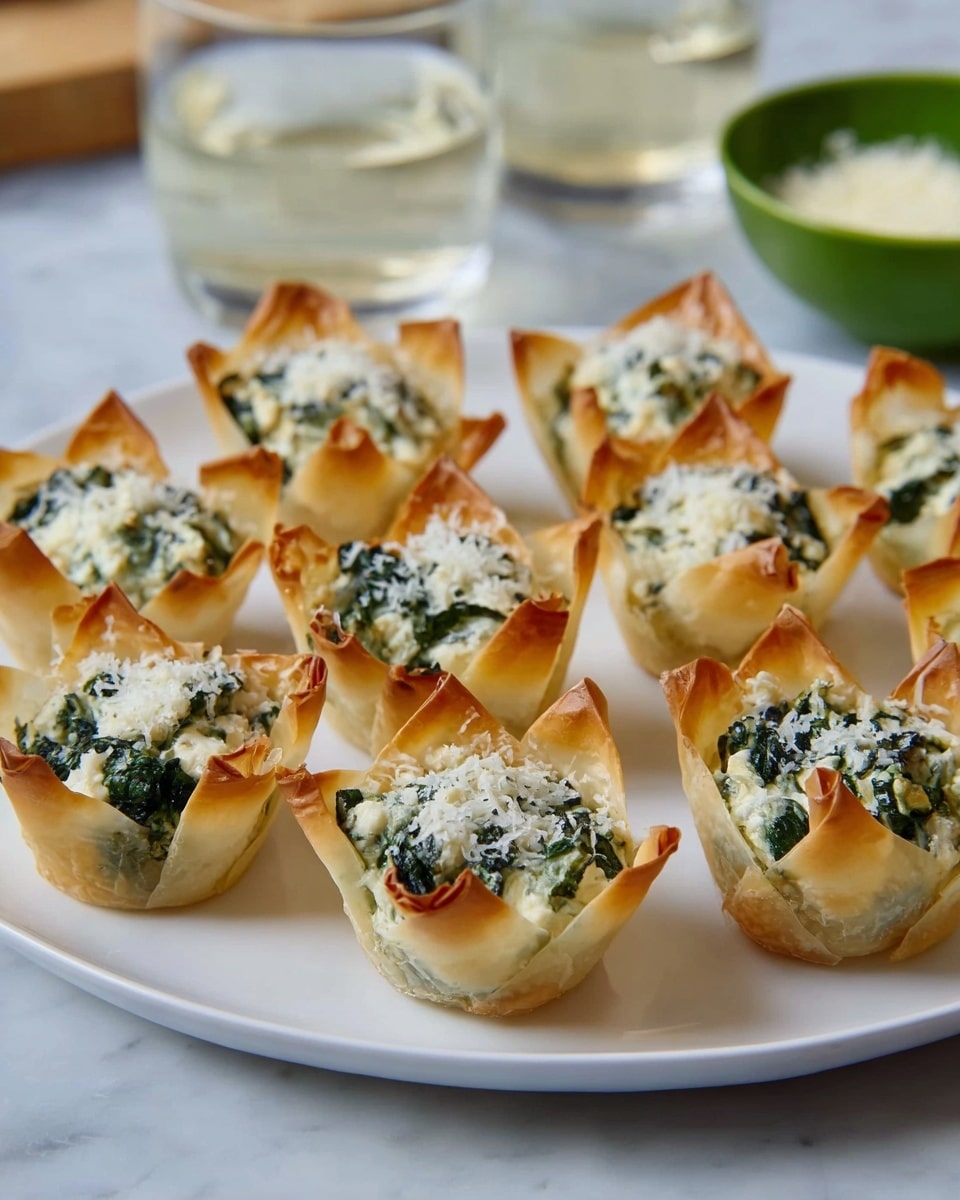 A white plate holds twelve small spinach and cheese cups arranged in three rows. Each cup has a crispy, golden-brown phyllo dough shell that is folded into four pointed edges, creating a flower-like shape. Inside each shell, there is a creamy mixture of white cheese and finely chopped dark green spinach, with some grated cheese sprinkled on top. The phyllo dough looks light and flaky, while the filling appears soft and slightly moist. The plate is placed on a white marbled surface, with two glasses of water and a green bowl of extra filling blurred in the background. photo taken with an iphone --ar 4:5 --v 7