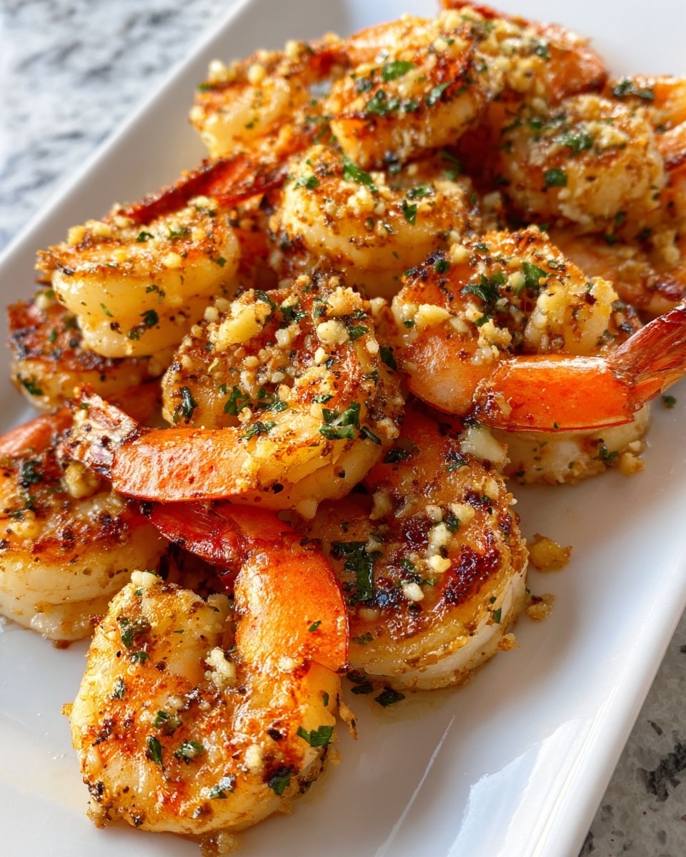 A close-up view of a white rectangular plate filled with cooked shrimp, arranged in a dense pile. Each shrimp has a bright orange tail and a curved body with a golden, slightly charred surface. The shrimp are coated with a textured garlic and herb topping, showing small pieces of roasted garlic and green herbs scattered evenly, adding contrast to the warm shrimp colors. The shrimp look juicy and tender, with some glistening hints of oil on their surface. The plate sits on a white marbled texture, enhancing the colors of the shrimp. photo taken with an iphone --ar 4:5 --v 7