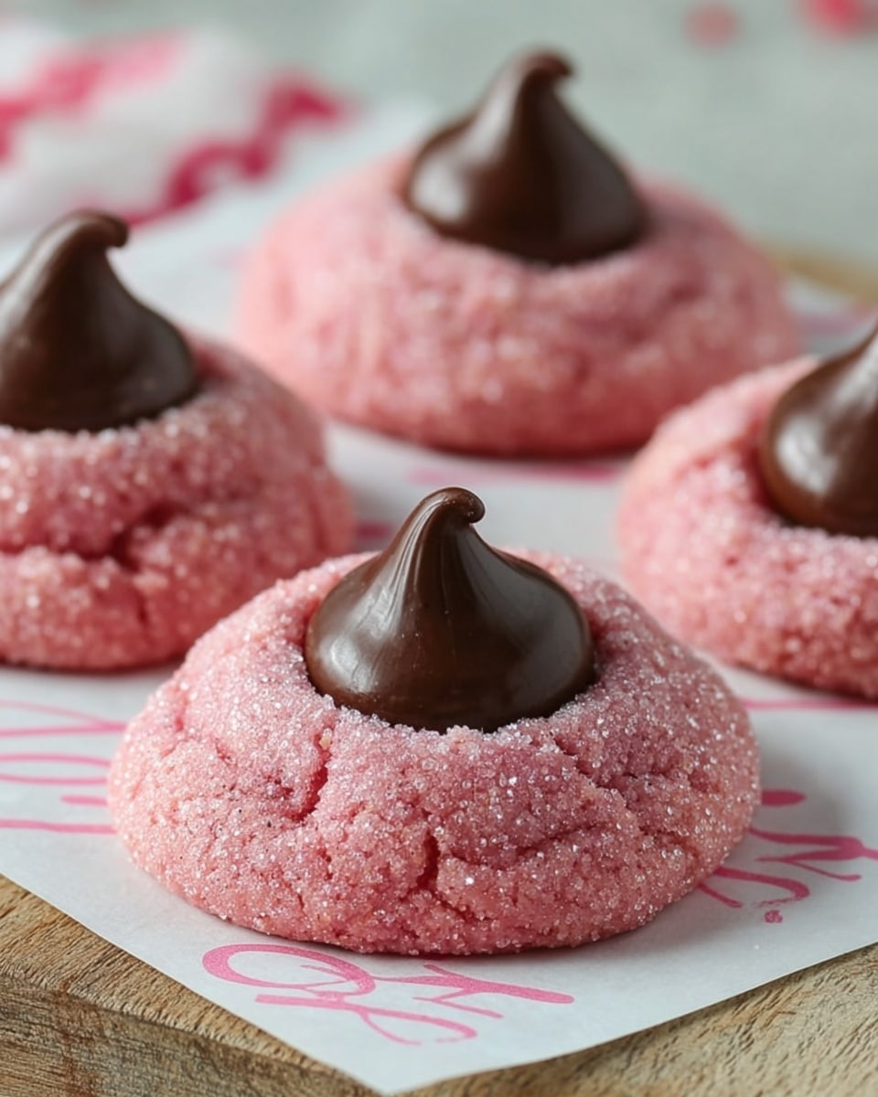 The image shows four pink cookies, each with a soft, rough texture and a rounded shape. In the center of each cookie is a single, dark brown, smooth, shiny chocolate kiss placed upright. The cookies have a light dusting of white powder on top, giving a slight sparkle. They are arranged on white paper with faint pink and red writing, all placed on top of a wooden surface. The background is softly out of focus, drawing attention to the details of the pink cookies and chocolate kisses. photo taken with an iphone --ar 4:5 --v 7