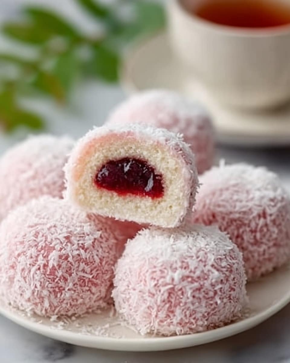 The image shows five small, round pink cakes covered in shredded white coconut, arranged on a white plate. Each cake has two layers of soft pink sponge on the outside with a bright red jelly layer and a thin white cream layer in the middle. One cake is cut in half, showing the light yellow inside sponge surrounding the red jelly and white cream layers. The cakes have a fluffy texture with a slightly rough coconut coating. The plate sits on a white marbled surface, and there is a blurred white cup with tea in the background. photo taken with an iphone --ar 4:5 --v 7
