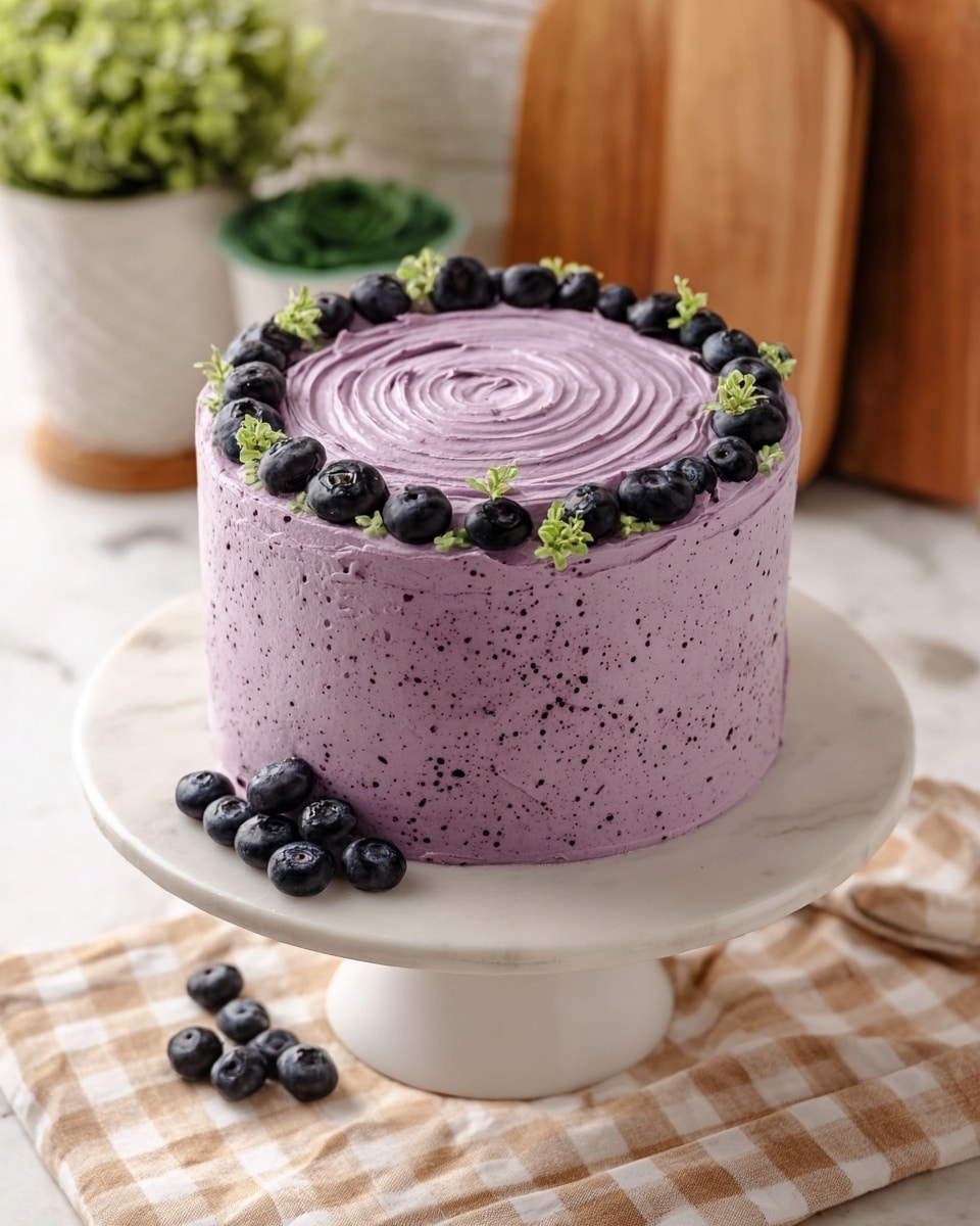 A round cake with smooth, light purple frosting featuring small darker purple specks throughout, creating a soft texture. The top surface has a spiral pattern created by swirled frosting, decorated with a small ring of blueberries and tiny green herb sprigs evenly spaced near the edge. A few blueberries are also placed casually on the white cake stand around the base of the cake. The cake is sitting on a white marbled textured surface with a beige and white checkered cloth underneath the stand, and there are wooden cutting boards and green potted plants blurred in the background. Photo taken with an iphone --ar 4:5 --v 7
