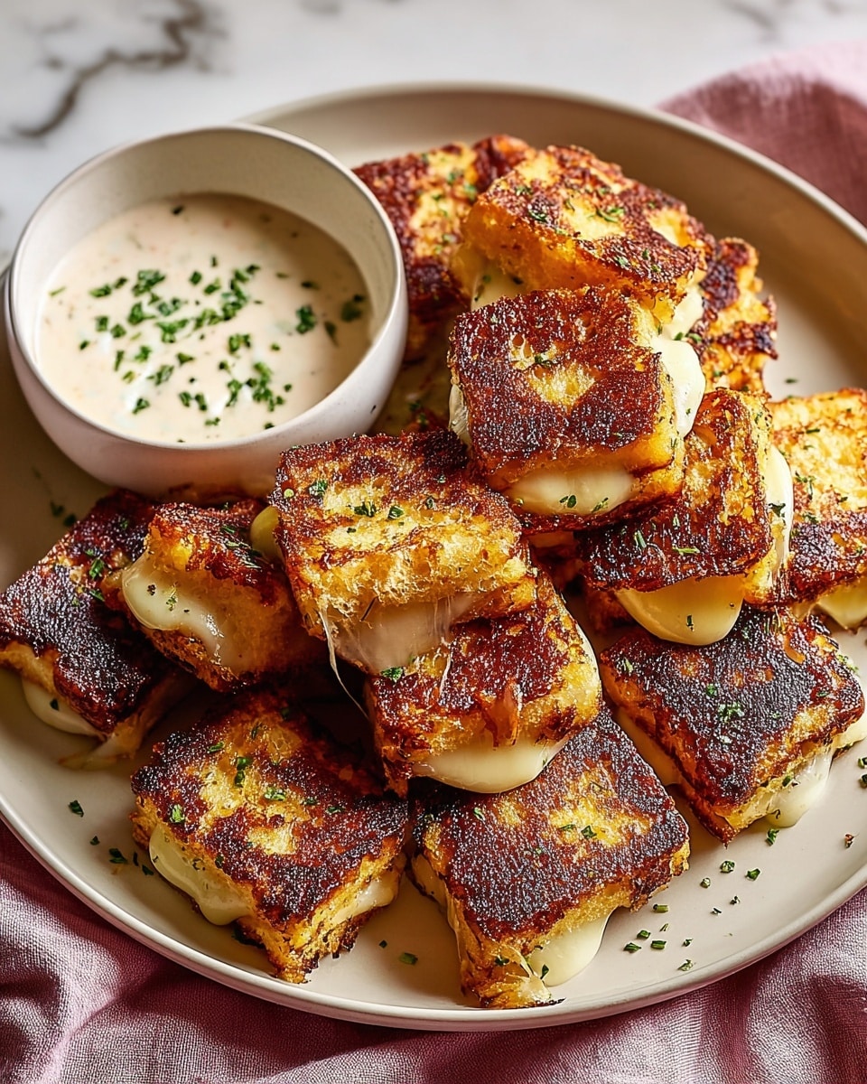 The image shows a white round plate filled with small, square grilled cheese sandwiches stacked in layers. Each sandwich has a golden-brown, crispy outer layer with some darker, almost burnt spots on the edges, revealing melted, creamy cheese oozing from inside. The sandwiches are scattered with small green herb pieces. In the top part of the plate, there is a small white bowl filled with a creamy, off-white dipping sauce sprinkled with herbs. The plate is placed on a soft pink cloth, and the background has a white marbled texture. photo taken with an iphone --ar 4:5 --v 7