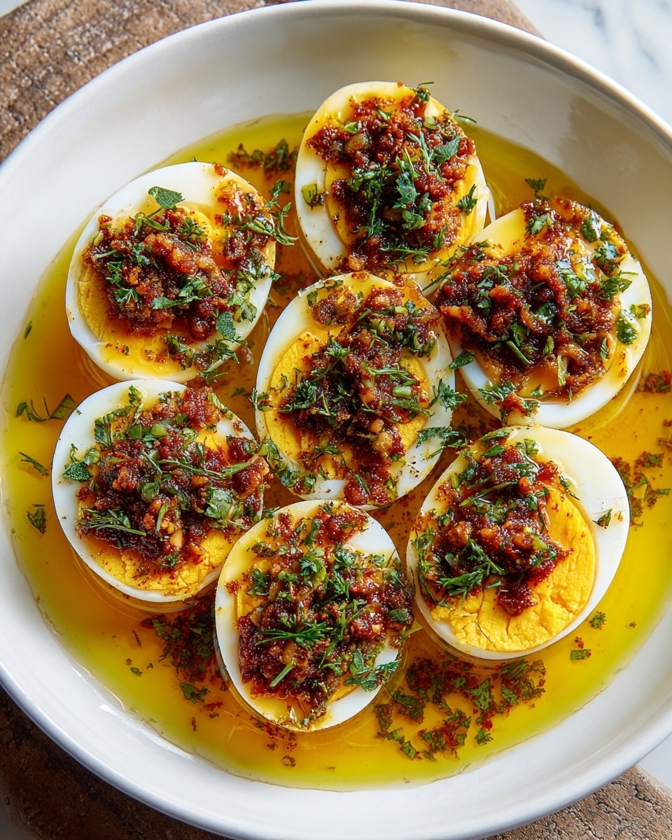 Seven halved boiled eggs arranged in a white shallow bowl, each half showing a firm white outer layer with a bright yellow yolk center. Each egg half is topped with a reddish-brown chunky sauce mixed with small green herb pieces sprinkled over all the eggs and in the surrounding sauce. The bowl contains a golden-yellow oily sauce that pools around the egg halves. The surface underneath the bowl is a white marbled texture. photo taken with an iphone --ar 4:5 --v 7