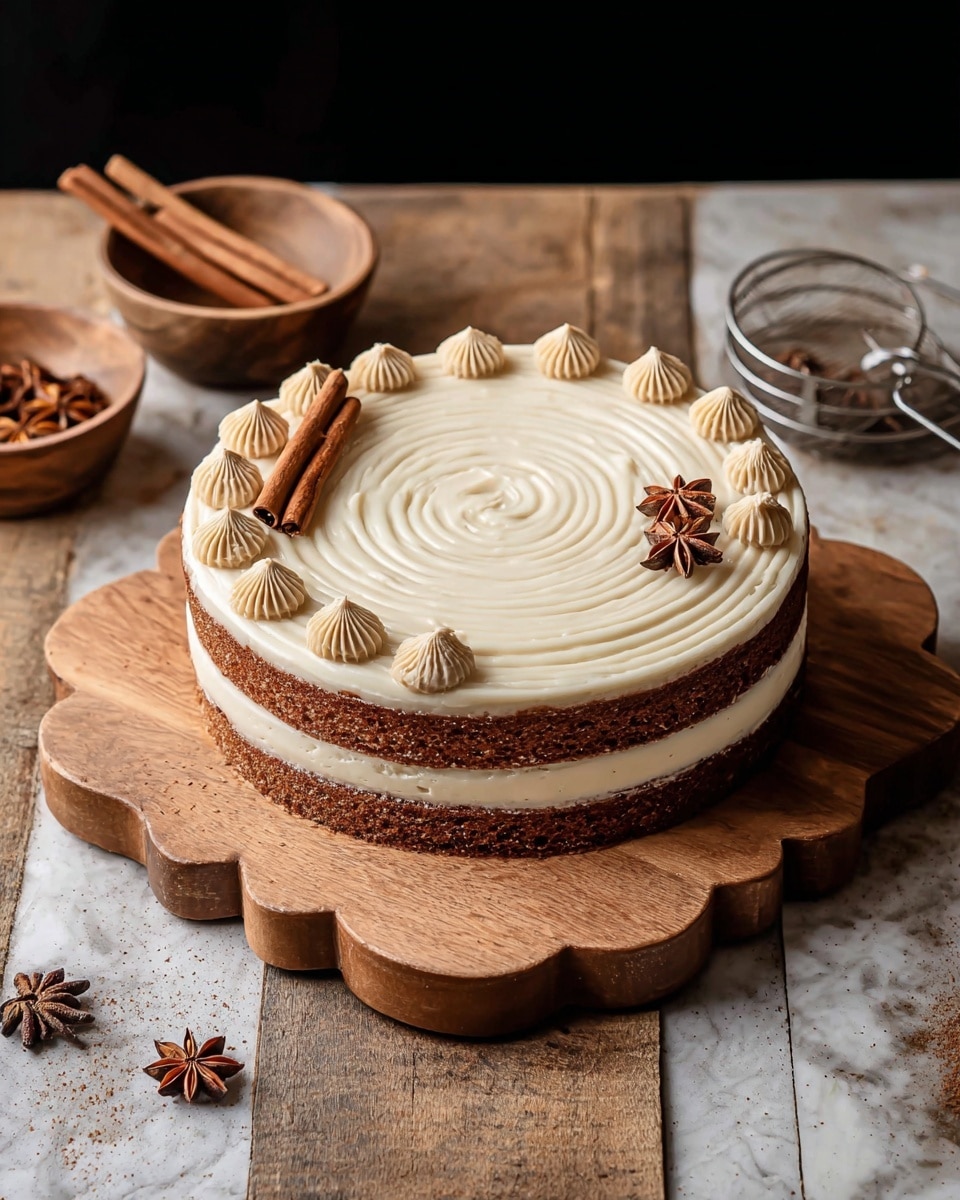 A two-layer round cake sits on a wooden board with scalloped edges, placed on a rustic wooden table with a white marbled texture background. The cake has a creamy white frosting between two dark brown sponge layers and covering the top with a smooth spiral pattern. Around the top edge, there are small dollops of light brown cream evenly spaced. On one side of the cake top, three cinnamon sticks and three star anise pieces are neatly arranged. Nearby, a small wooden bowl with star anise and a metal sieve resting on another wooden bowl are visible. photo taken with an iphone --ar 4:5 --v 7