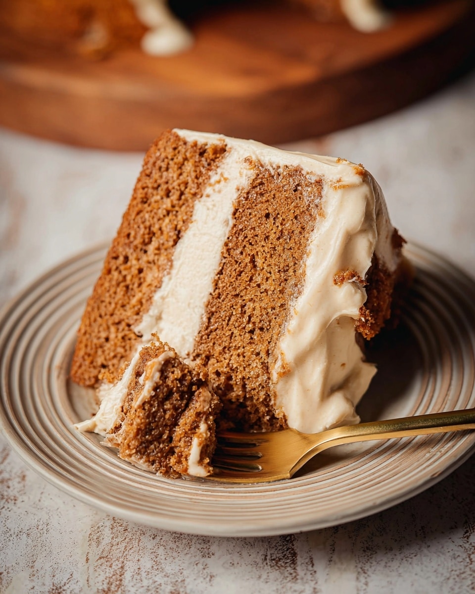 A slice of brown cake with two layers sits on a white plate with concentric rings, placed on a white marbled textured surface. Between the two thick layers of moist, crumbly cake is a creamy, off-white frosting layer. The cake is covered with a similar creamy frosting on the side, slightly melting and dripping down. A golden fork holds a small piece of the cake with frosting, resting near the slice. The background includes a blurred wooden of similar colors to the foreground. photo taken with an iphone --ar 4:5 --v 7