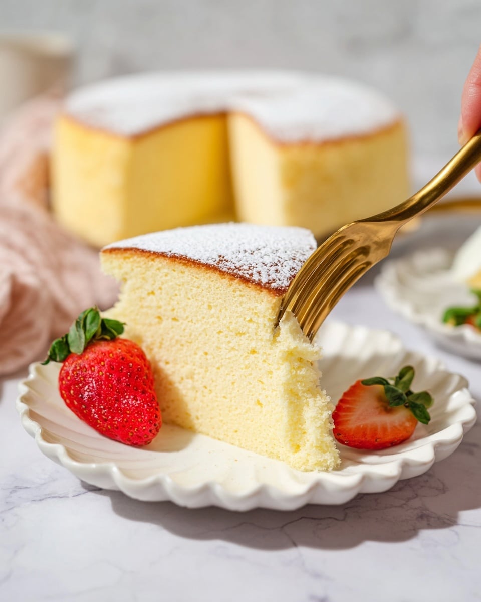 A soft yellow sponge cake slice sits on a white scalloped plate, showing one thick layer with a light, fluffy texture. The cake's top has a thin brown crust dusted with white powdered sugar. A woman's hand holds a golden fork cutting into the slice. A fresh red strawberry with green leaves is placed beside the cake slice on the plate. In the background, a full cake with the same appearance is partly visible, sitting on the same white marbled texture. photo taken with an iphone --ar 4:5 --v 7
