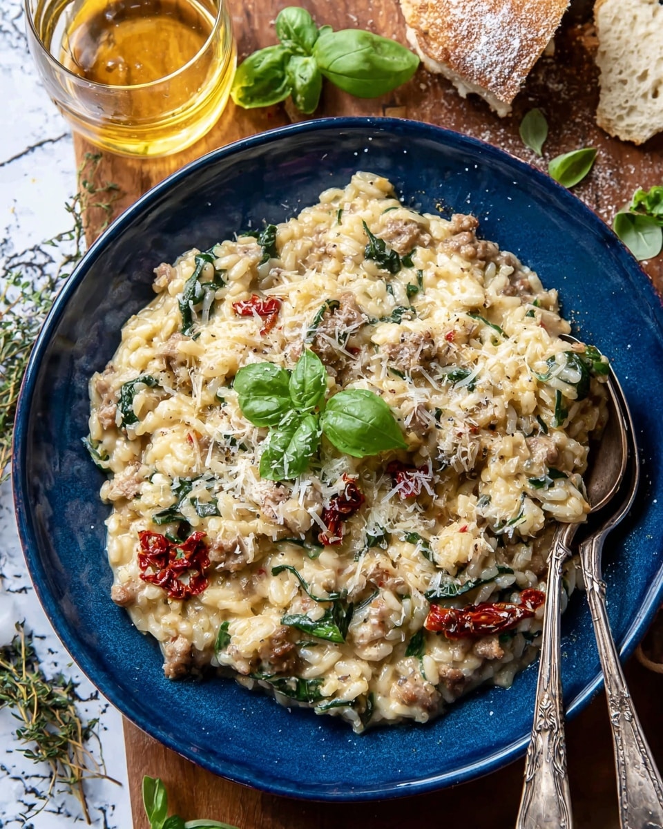 A blue bowl filled with creamy risotto that has a mix of pale yellow rice, green spinach leaves, and red sun-dried tomato pieces, topped with fresh green basil leaves and grated white cheese. The risotto looks thick and creamy with bits of browned sausage mixed in. Two vintage silver spoons rest on the right side of the bowl, one with a basil leaf on it. The bowl is placed on a wooden surface with some scattered herbs, a glass with golden liquid, and a slice of bread dusted with flour in the background, all on a white marbled texture. photo taken with an iphone --ar 4:5 --v 7