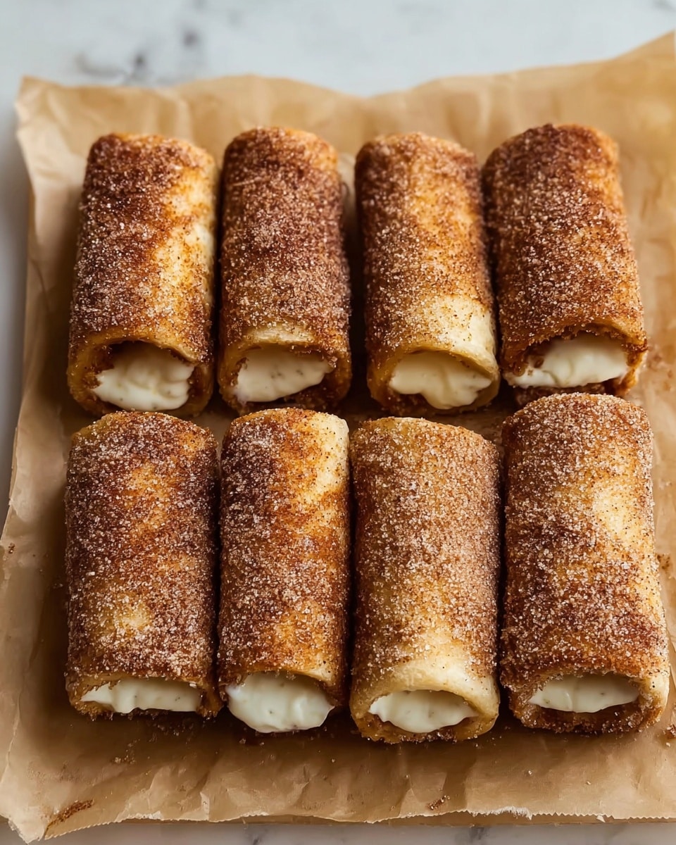 Eight golden brown, cinnamon sugar-coated rolled pastries are laid out in two neat rows of four on white parchment paper. Each roll has a slightly crisp, textured outer layer sprinkled with fine sugar crystals, giving a sparkling effect. The ends reveal a creamy white filling inside, contrasting with the rough surface. The rolls have a warm, inviting color with varying shades of light to medium brown and some darker toasted spots, all resting on a white marbled texture. photo taken with an iphone --ar 4:5 --v 7
