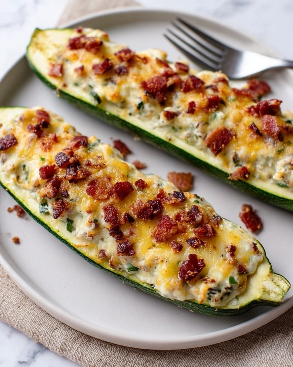 Two zucchini boats sit on a white plate, each cut long and hollowed out. The bottom layer is the green skin of the zucchini. Inside, there is a creamy white filling mixed with bits of green herbs and small pieces of browned bacon. The top layer is a golden brown melted cheese with small crispy bacon pieces scattered on top. The plate rests on a white marbled surface with a fork visible nearby. Photo taken with an iphone --ar 4:5 --v 7