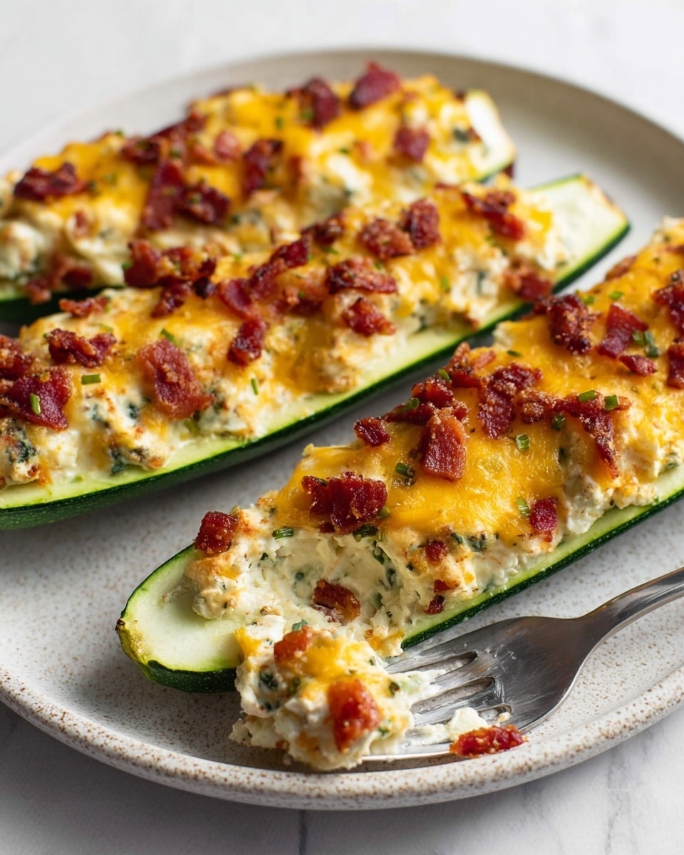 The image shows zucchini boats cut in half lengthwise on a white plate with a rough texture, placed on a white marbled surface. Each zucchini boat is filled with a thick creamy mixture containing cream cheese, cheddar cheese, chopped bacon bits, and herbs. The top layer is golden-brown melted cheddar cheese with scattered crispy bacon pieces, giving a slightly uneven textured surface. The zucchini skin is bright green, holding the filling firmly. A fork with a small scoop of the creamy filling rests on the plate beside the zucchini boats. Photo taken with an iphone --ar 4:5 --v 7