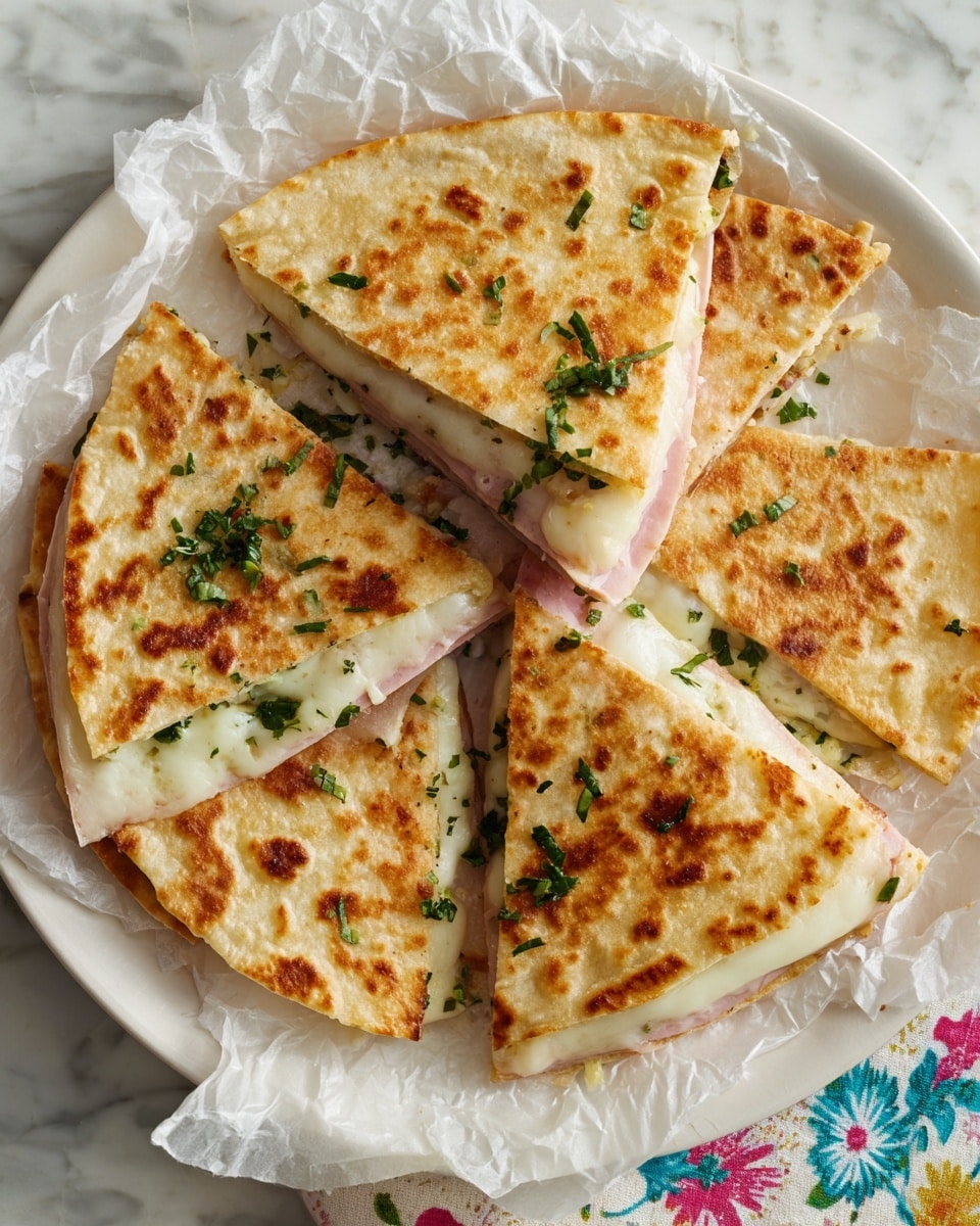 A round flatbread sandwich is cut into four equal triangular pieces, each piece showing two visible layers; the outside layers have a golden-brown toasted texture with small browned spots and a scattering of green herbs and shredded white cheese on top, while the middle layer is light pink, likely ham, and a smooth melted white cheese layer below it. The sandwich is placed on a white round plate lined with crinkled white parchment paper, and the background is a white marbled texture with a floral patterned cloth partially visible. photo taken with an iphone --ar 4:5 --v 7