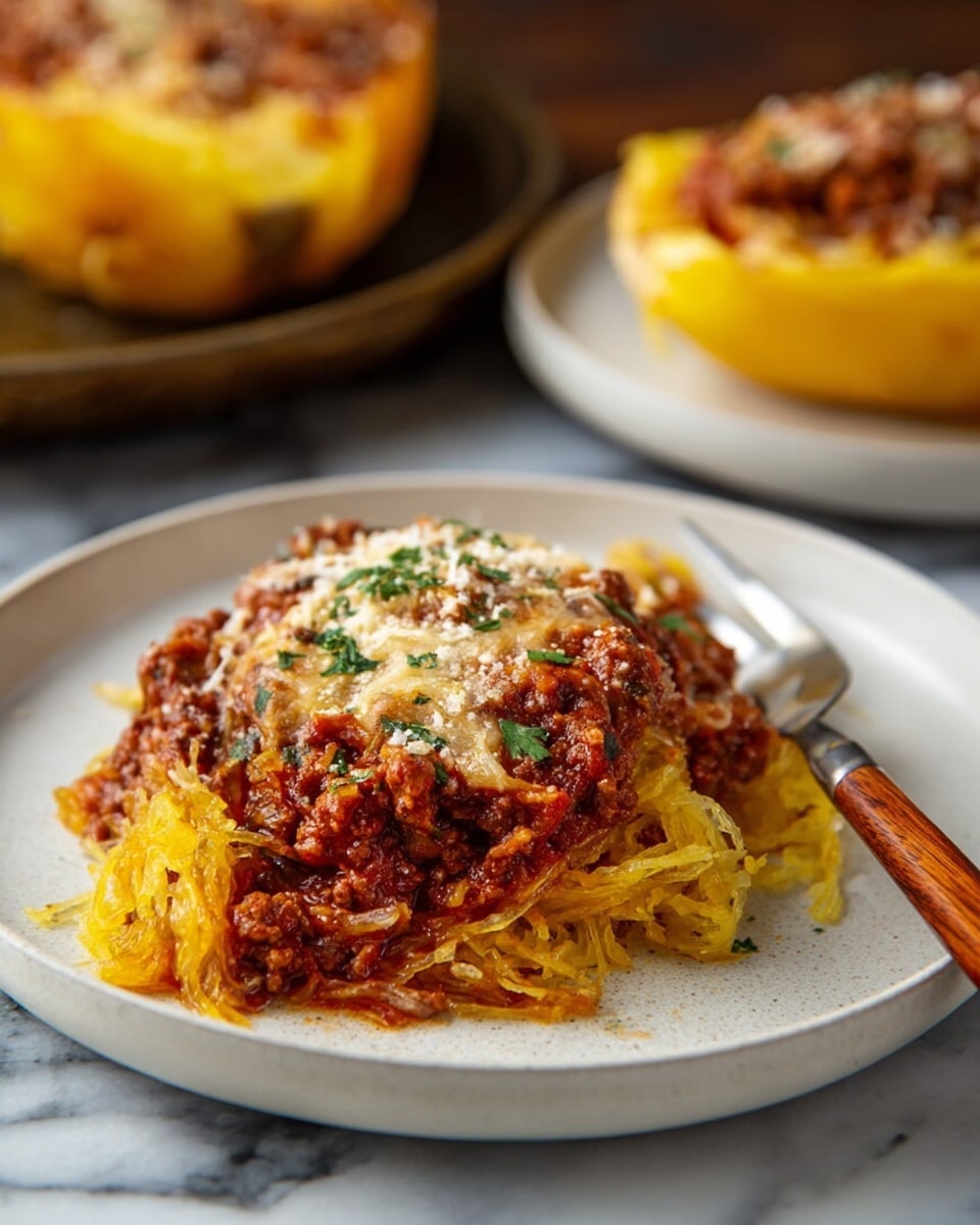A white round plate sits on a white marbled surface, holding a serving of spaghetti squash pasta layered with a rich, chunky red meat sauce mixed with small bits of green herbs. The top layer shows melted, golden-brown cheese with some parts sprinkled with grated Parmesan and fresh green parsley. To the right side of the plate, a wooden-handled fork holds a bite of the pasta mixture, showing thin yellow squash strands and meat sauce intertwined. In the background, there is a blurred, white plate with more spaghetti squash pasta and part of a baked spaghetti squash shell filled with meat sauce and cheese on a metal tray. Photo taken with an iphone --ar 4:5 --v 7