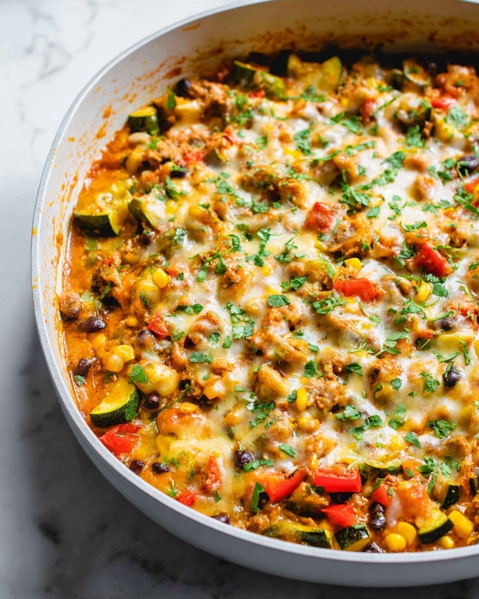 The image shows a close-up of a cooked vegetable and cheese mix with three main visible layers. The bottom layer has sliced green zucchini with a slight char, giving a mix of green and brown textures. The middle layer includes melted cheese that looks creamy and slightly browned with gooey and stringy textures, covering parts of the vegetables. The top layer has small red tomato pieces and yellow corn kernels, adding bright color and freshness, sprinkled with tiny green herb bits. The whole dish looks warm and juicy with a mix of smooth cheese and soft vegetables against a white marbled background. photo taken with an iphone --ar 4:5 --v 7