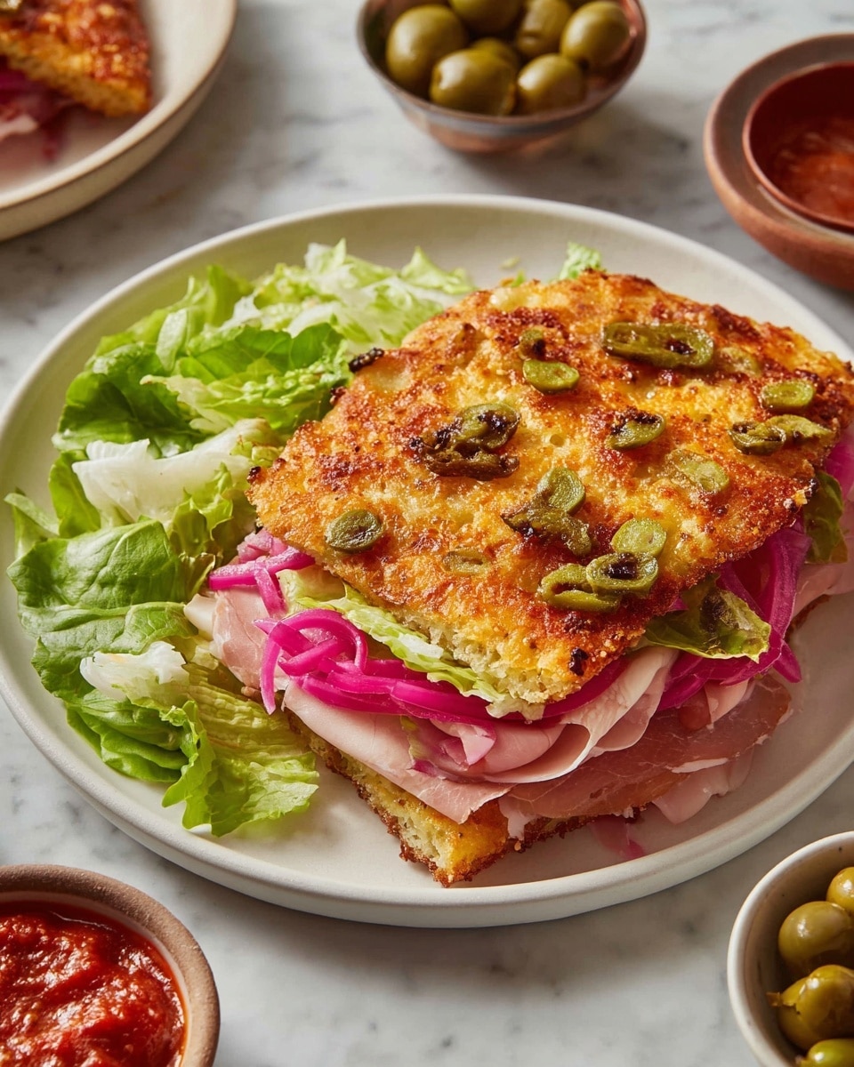 A baking tray lined with light brown parchment paper holds an even layer of shredded cheese mixed with a reddish-orange seasoning spread out across the center. Scattered on top are whole and halved green olives, adding a chunky and glossy element. Around the tray are small white bowls with ingredients like shredded cheese, pickled red onions, and sliced cured meats, all set on a white marbled surface with a beige cloth nearby. photo taken with an iphone --ar 4:5 --v 7