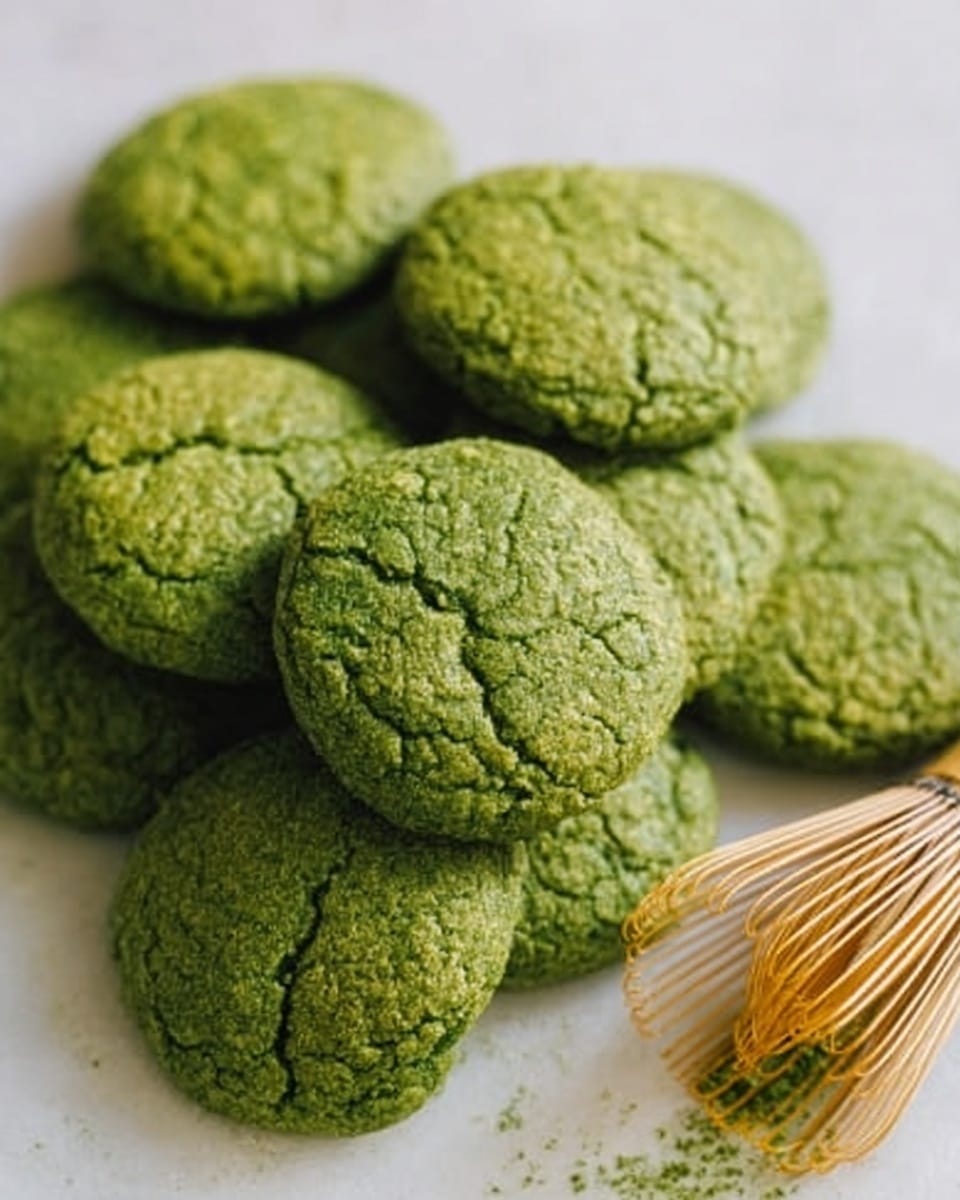 The image shows a pile of round, green cookies with a cracked texture on top, arranged closely together on a white marbled surface. The color is a rich, vibrant green, and the cookies have a rough, homemade look. On top of the cookies, there is a small bamboo whisk with a light brown color and a smooth texture, placed slightly to the side. The overall setting is simple and clean, focusing on the contrast between the green cookies and the white marbled background. photo taken with an iphone --ar 4:5 --v 7