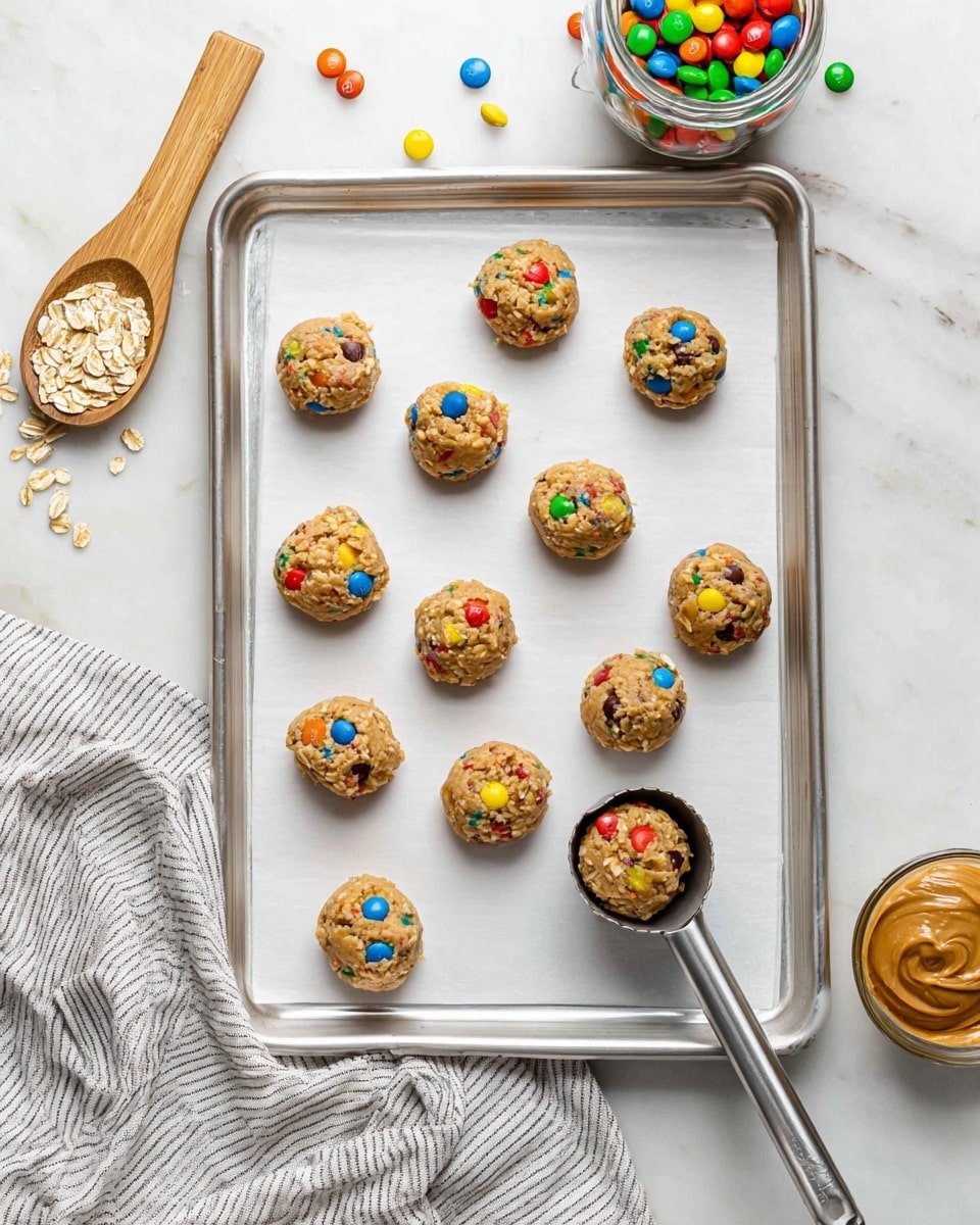 A white round bowl is filled with four ball-shaped cookies made from oats and peanut butter. Each cookie has colorful candy pieces (red, blue, yellow, green, and orange) embedded on the surface, with one cookie stacked on top of the others. The cookies have a rough, textured look with visible oats and candy spread throughout. Around the bowl, scattered bright round candy pieces add more pops of color on a white marbled surface. Photo taken with an iphone --ar 4:5 --v 7