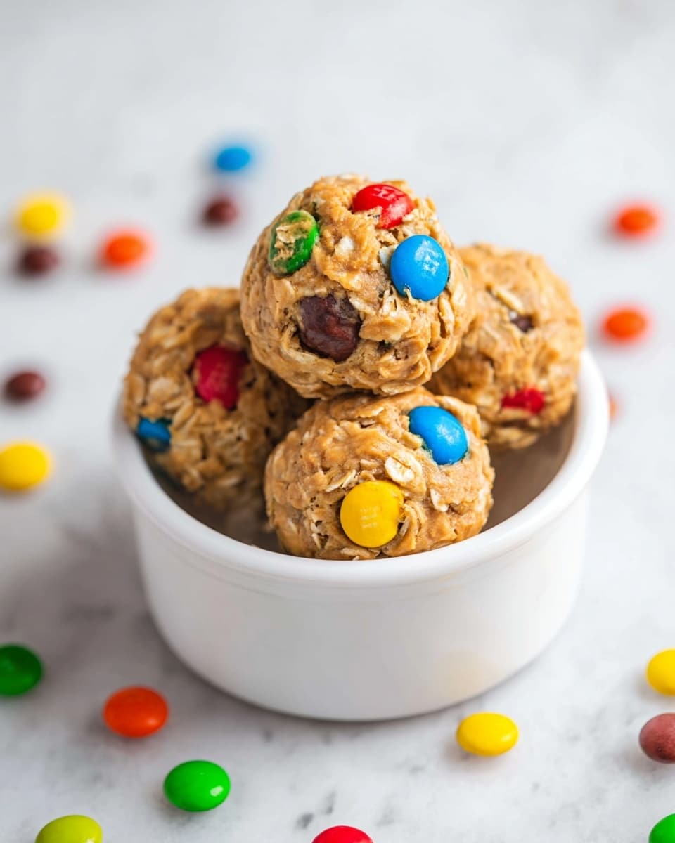 A metal baking sheet with a white parchment paper holds ten round cookie dough balls scattered evenly, each light brown with colorful candy pieces in red, blue, green, yellow, and orange mixed throughout. A metal cookie scoop holds one more dough ball with visible oats and candy bits, positioned near the right side. Around the baking sheet, there is a wooden spoon with oats on the top left, a glass jar filled with colorful candies to the top right, and a small white bowl with peanut butter at the bottom left. A soft white and gray striped cloth is draped around the bottom right corner, all set on a white marbled surface. Photo taken with an iphone --ar 4:5 --v 7